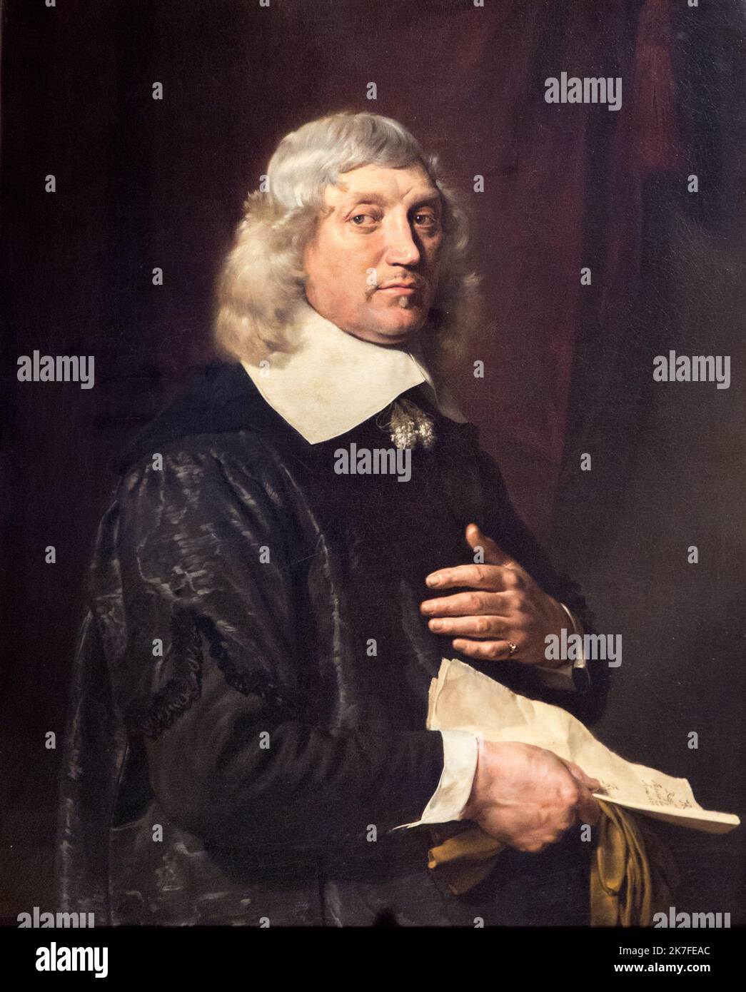 ©Active Museu/MAXPPP - ActiveMuseum 0006613.jpg / Portrait d'Homme / Jan de bray / Peinture Active Museum / le Pictorium scatto medio-chiuso, colza, guanto, mano sul cuore, sguardo indiretto, lettera, Vecchio, carta, costumi d'epoca, tre quarti di profilo, verticale, bianco-colletto operaio, 17th ° secolo, Jan di Bray, Pittura, Foto Stock