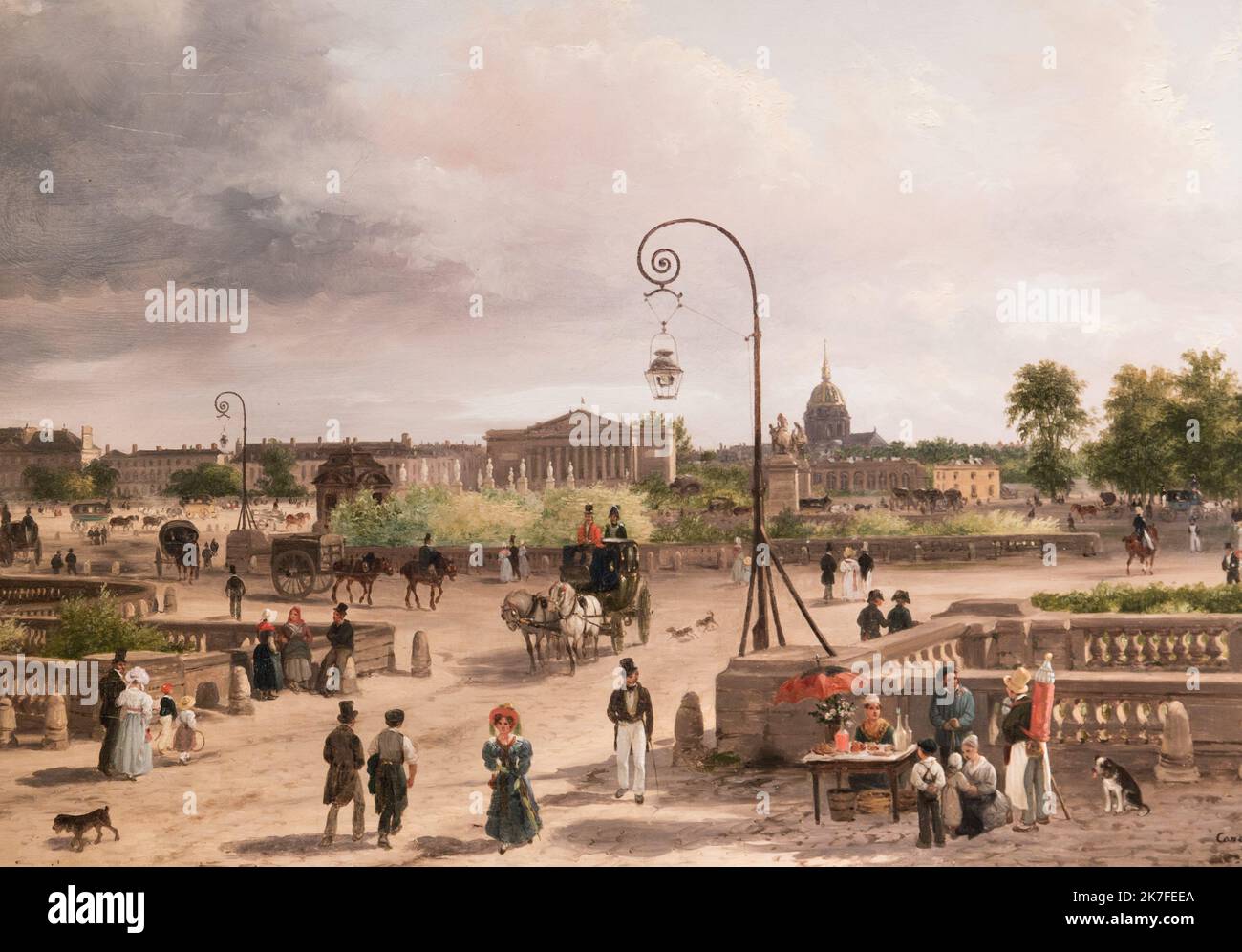 ©Active Museu/MAXPPP - ActiveMuseum 0006757.jpg / la Place Louis XVI (actuelle Place de la Concorde) 1829 - / Giuseppe Canella / Peinture Active Museum / le Pictorium edificio (), cielo nuvoloso, folla, cani, cupola, sera, orizzontale, carrozza trainata da cavalli, Paesaggio, Long shot, uomini, persone, Piazza, Street seller, luce di strada, Tenda da sole, albero, passeggiata, Donne, 1TermeCandGEO, Place de la Concorde, 19th ° secolo, Giuseppe Canella, Pittura, Foto Stock