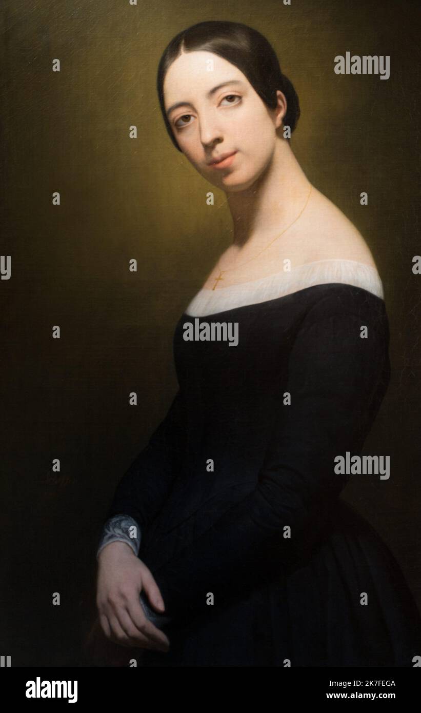 ©Active Museu/MAXPPP - ActiveMuseum 0006780.jpg / Pauline Viardot 1840 - / Ary Scheffer / Peinture Active Museum / le Pictorium vestito nero ,Chignon (bun) ,Ritratto ,profilo 3/4 ,Collana religiosa ,sorridente () ,verticale ,con mani piegate ,Donna ,19th ° secolo ,Ary Scheffer ,Pittura , Foto Stock