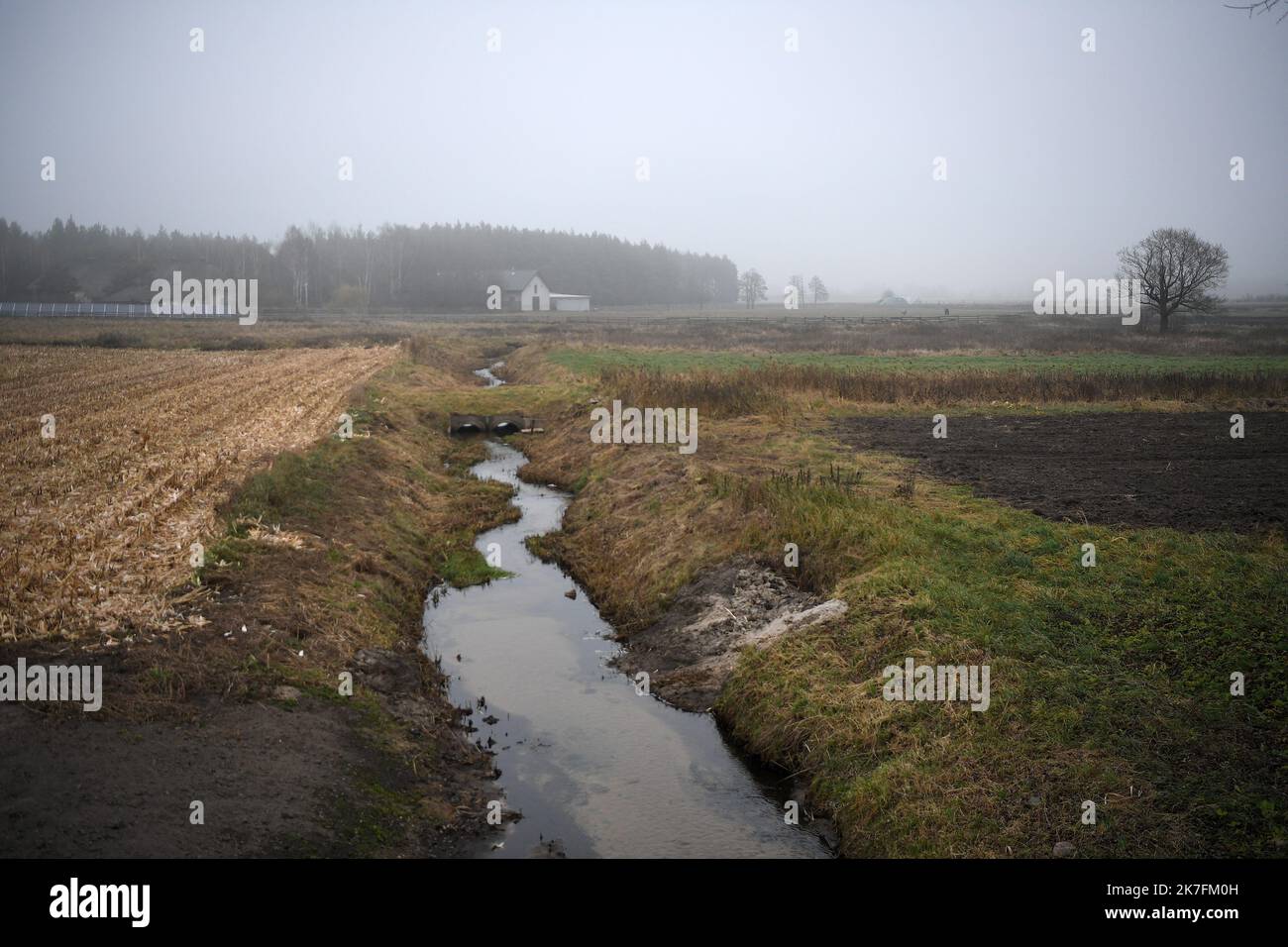 ©PHOTOPQR/VOIX DU NORD/PIERRE ROUANET ; 17/11/2021 ; 17/11/2021. Reportage sur la crise humanitaire des migrants massés à la frontière Poologne-Biélorussie. Dans la campagne, à proximité de la zone interdite, entre Michalowo et Hajnowka. La brume et des températures entre zéro et deux degrés en journée. FOTO PIERRE ROUANET LA VOIX DU NORD - confine Bielorussia-Polonia: La crisi migrante Foto Stock