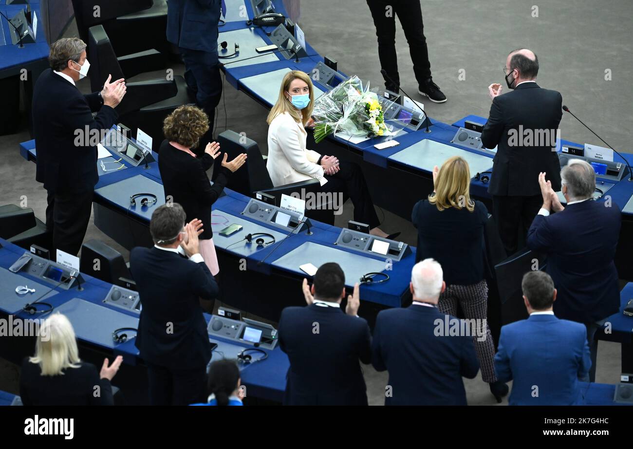 ©PHOTOPQR/l'ALSACE/Jean-Marc LOOS ; Strasbourg ; 18/01/2022 ; Roberta Metsola élue présidente du parlement européen à Strasbourg le 18 JANVIER 2022; - 2022/01/18 - Roberta METSOLA, nuovo Presidente del Parlamento europeo. Foto Stock