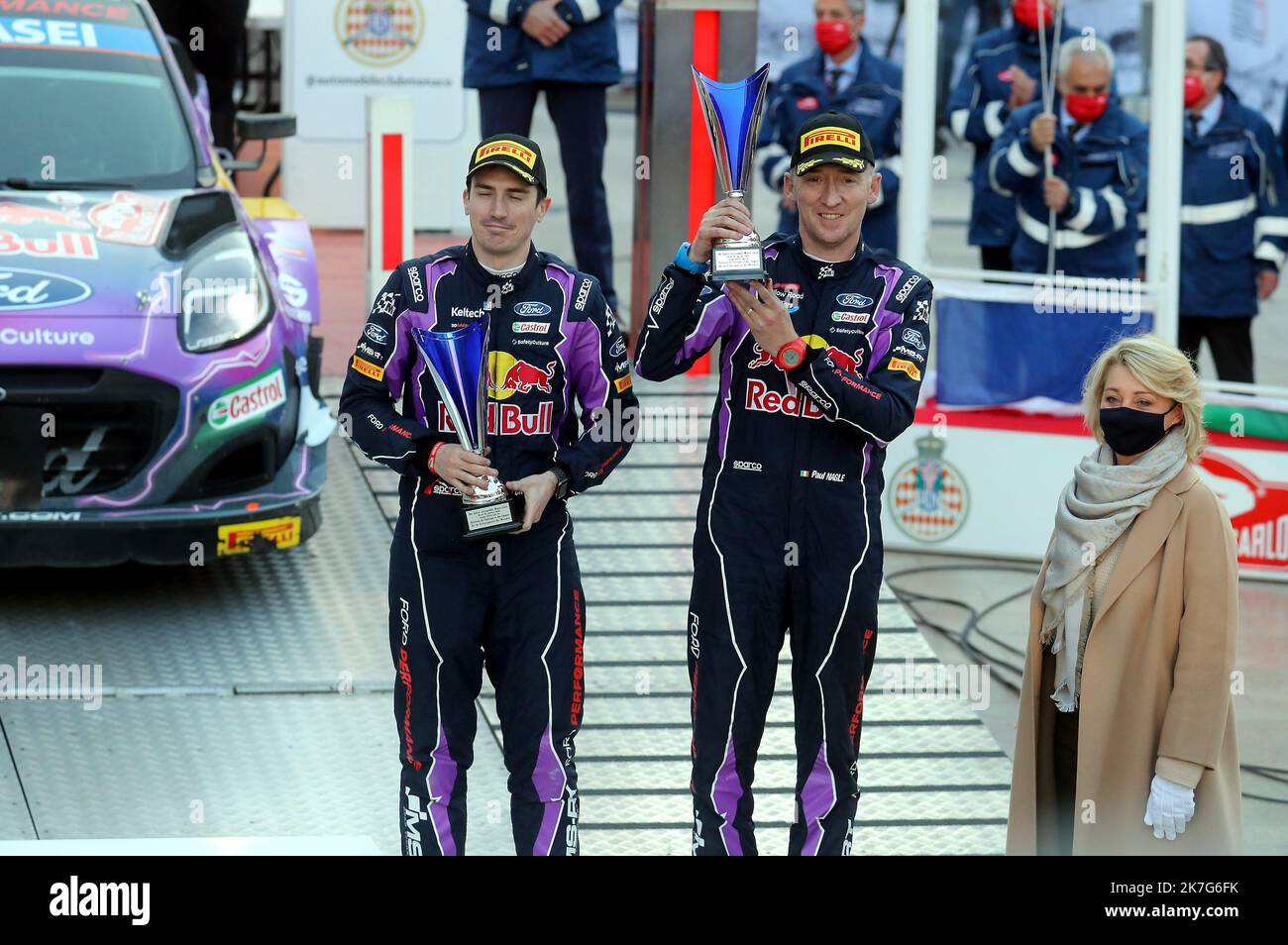 ©PHOTOPQR/NICE MATIN/Jean Francis Ottonello ; Monaco ; 23/01/2022 ; OTTONELLO JEAN-FRANCOIS - SPO - dimanche 23 janvier 2022 à Monaco - Arrivée du 90 ème rallye de Monte-Carlo - Craig Breen et Paul Nagle, Ford Puma - 2022//01/23. Rally di Monte Carlo Foto Stock