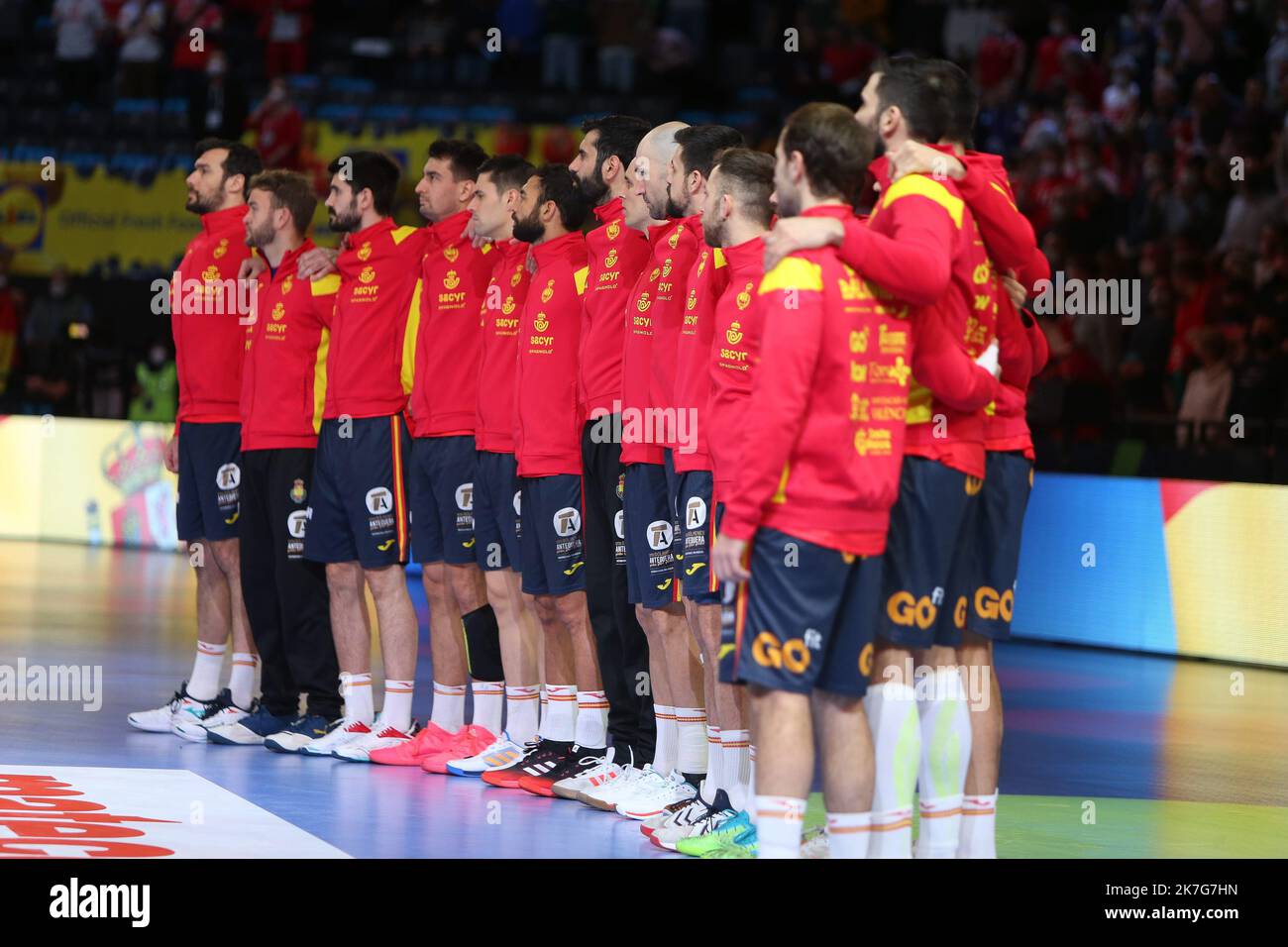 ©Laurent Lairys/MAXPPP - Team Spain l'EHF Euro 2022, incontro semifinale di Handball tra Spagna e Danimarca il 28 gennaio 2022 all'Arena multifunzionale di Budapest, Ungheria - Foto Laurent Lairys / MAXPPP Foto Stock