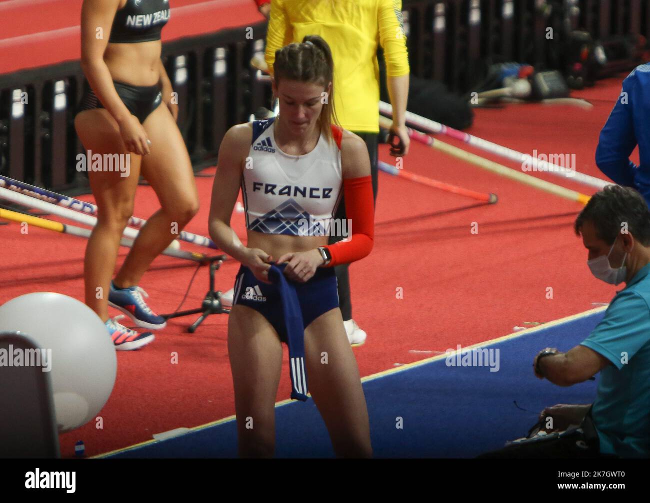 ©Laurent Lairys/MAXPPP - Margot CHEVRIER of France finale Pole Vault Donne durante i Campionati mondiali di atletica indoor 2022 il B19 2022 marzo presso la Stark Arena di Belgrado, Serbia - Foto Laurent Lairys / Foto Stock