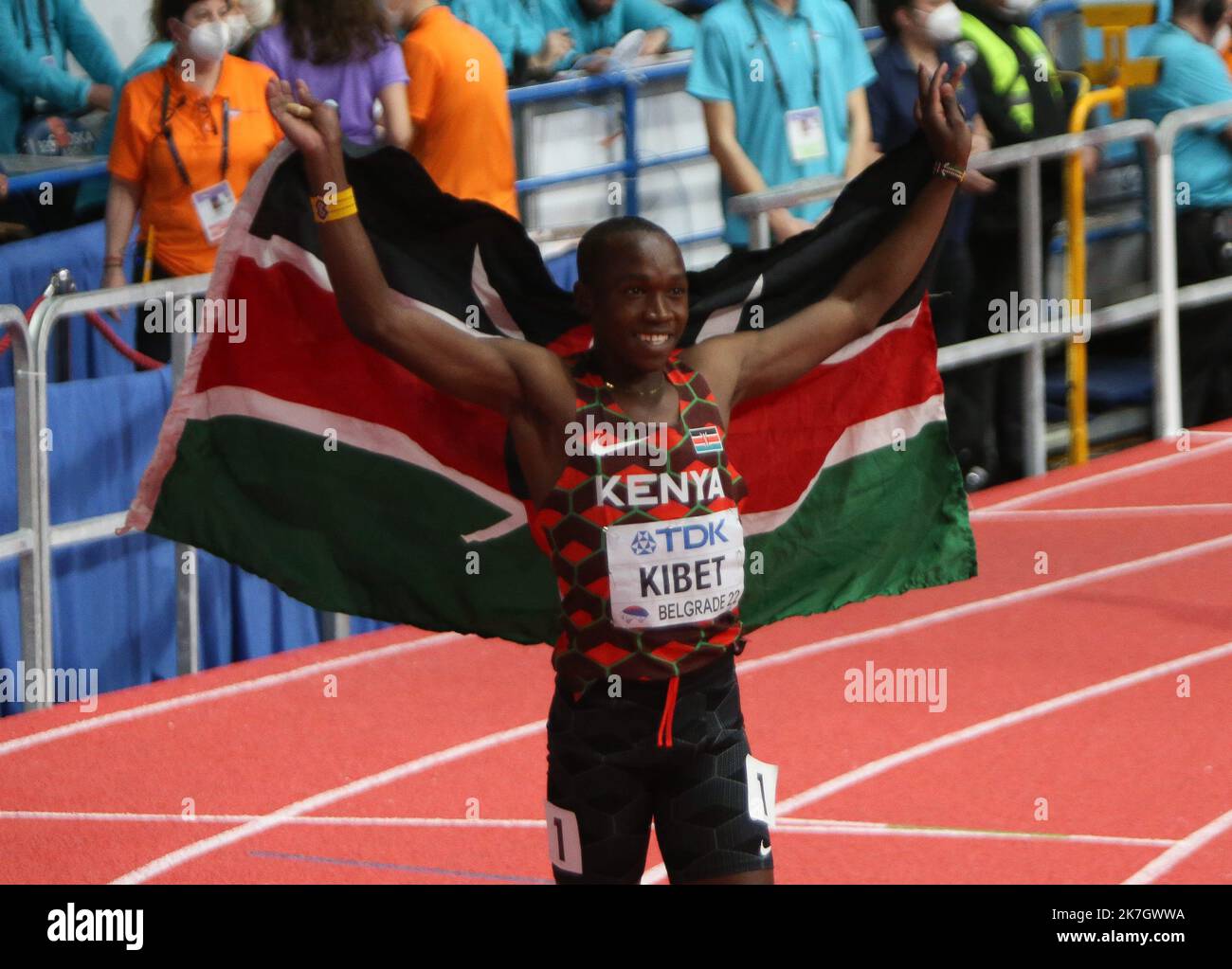 ©Laurent Lairys/MAXPPP - Noah KIBET del Kenya finale 800 M uomini durante i Campionati mondiali di atletica indoor 2022 il B19 2022 marzo presso la Stark Arena di Belgrado, Serbia - Foto Laurent Lairys / Foto Stock