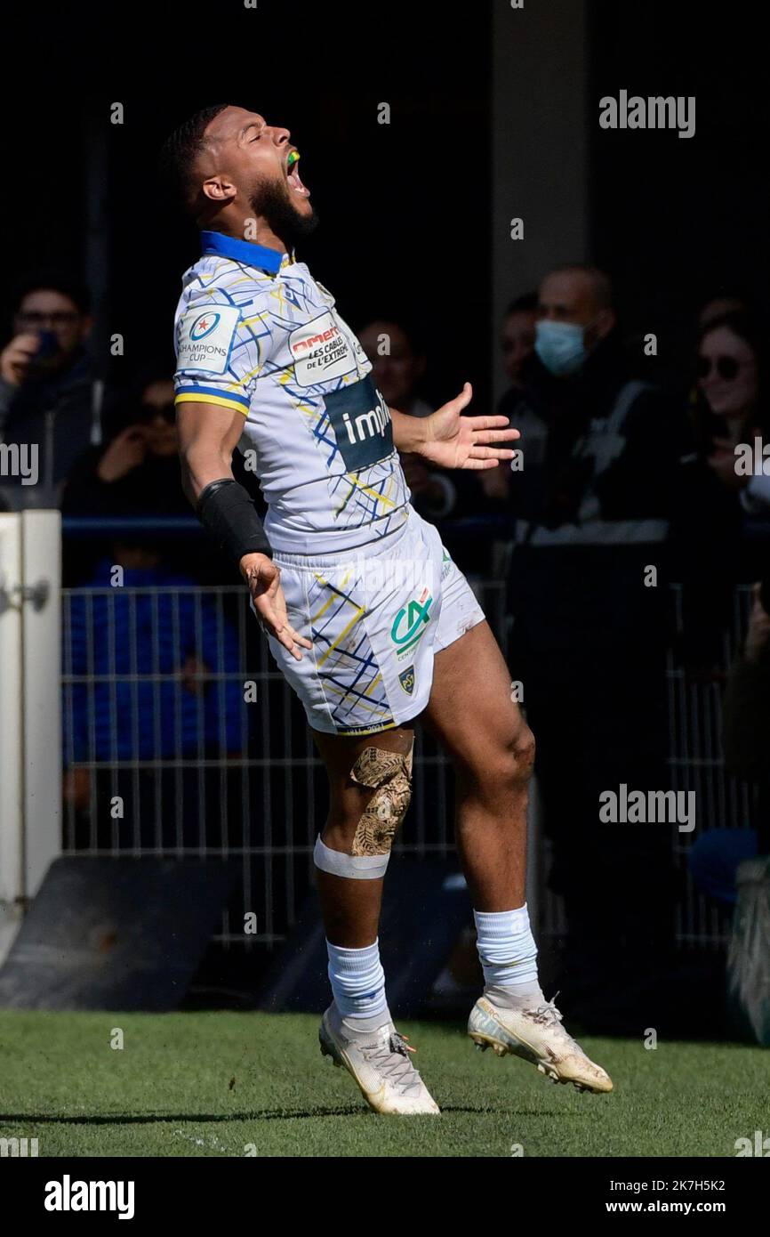 ©PHOTOPQR/LA MONTAGNE/Richard BRUNEL ; ; 10/04/2022 ; Rugby Champions Cup ASM Vs Leicester, essai Tiberghien, Clermont le 10/04/2022 Photo R Brunel Foto Stock