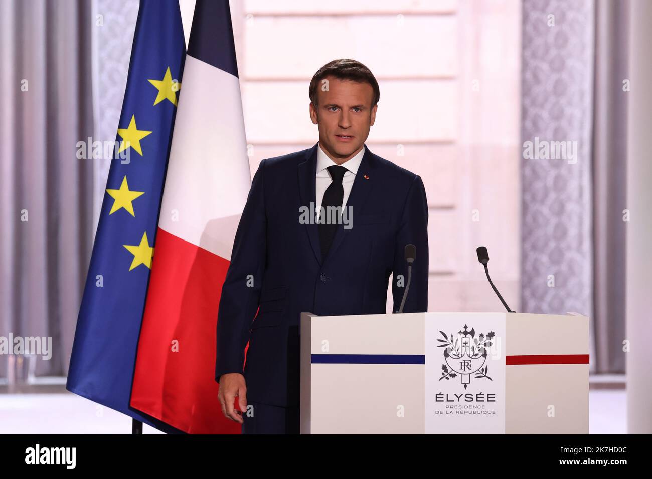 ©PHOTOPQR/LE PARISIEN/Fred Dugit ; Paris ; 07/05/2022 ; Politique Paris VIIIe, le 7 mai 2022 Cérémonie d’investure du Président Emmanuel Macron au palais de l’Elysée. Photo LP / Fred Dugit cerimonia di inaugurazione del Presidente Emmanuel Macron, al Palazzo dell'Eliseo, per il suo secondo mandato Foto Stock