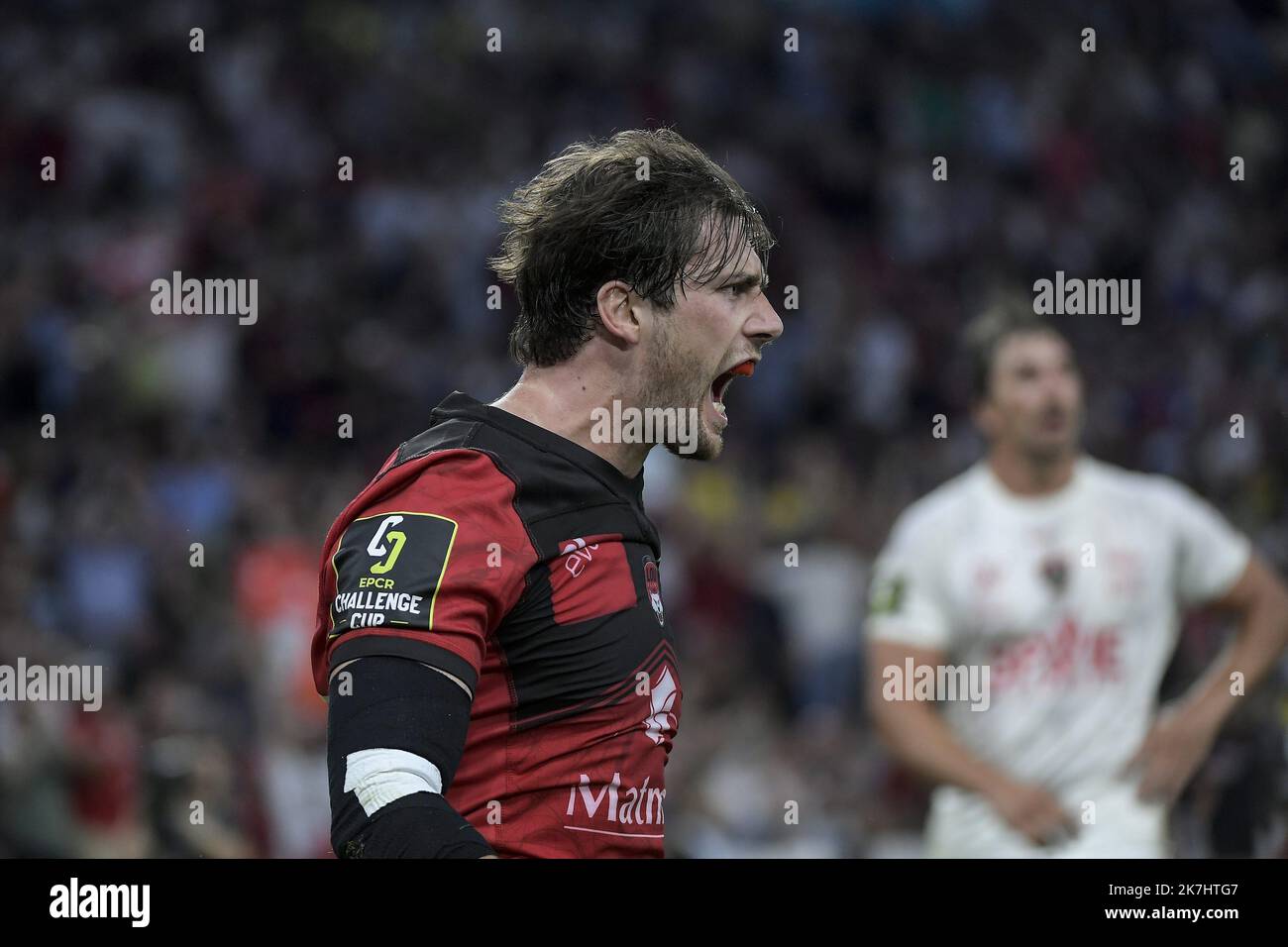 ©PHOTOPQR/LE PROGRES/Maxime JEGAT - Marseille 27/05/2022 - Rugby -Challenge Cup finale- Lyon Vs Toulon à Marseille le 27 mai 2022 -Joie de Pierre-Louis Barassi (LOU) après son essai au cours du match entre le LOU Rugby (en rouge / Lyon) et le RC Toulon (en blanc / Toulon) au Stade Vélodrome à Marseille et comptant pour la finale de l'EPCR Challenge Cup, la Petite coupé d'Europe de rugby. Foto Stock