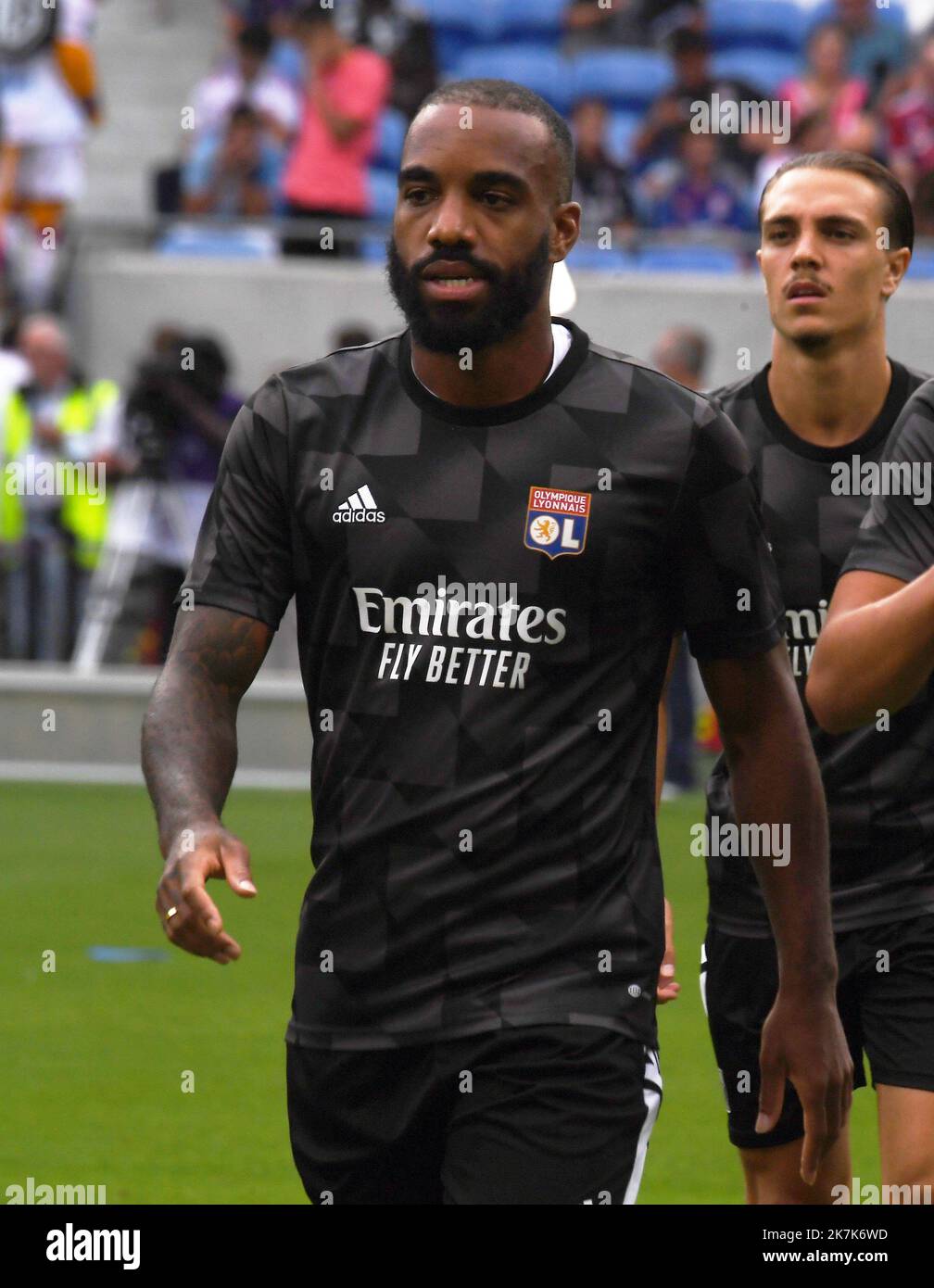 ©Mourad ALLILI/MAXPPP - 31/08/2022 Alexandre Lacazette di Lione si allena prima della partita di calcio francese del L1 tra Olympique Lyonnais (OL) e AJ Auxerre allo stadio Groupama di Decines-Charpieu, nella Francia centro-orientale, il 31 agosto 2022. Foto Stock