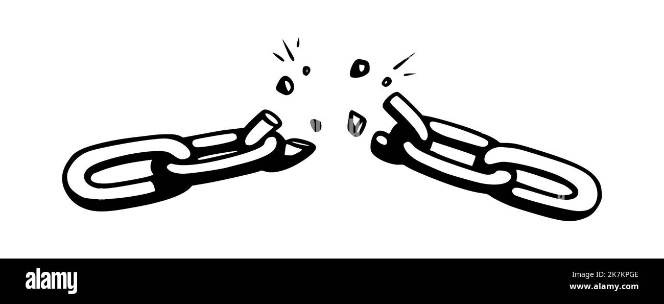 Catena spezzata con frantumazioni come simbolo di forza e libertà. Schizzo delle catene metalliche. Illustrazione vettoriale isolata su sfondo bianco Illustrazione Vettoriale