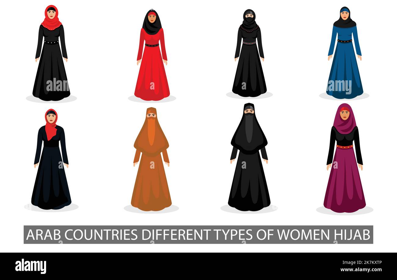 Un insieme di diversi tipi di donne musulmane arabe hijab, vestito, per coprire il corpo, disegno vettoriale diversità di carattere cartoon Illustrazione Vettoriale