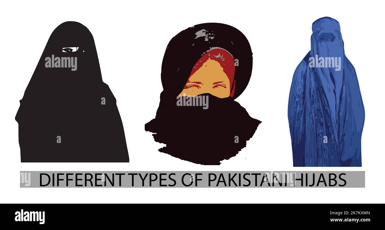 Diversi tipi di hijab tradizionale pakistano, vestito per coprire vettore corpo cartone animato illustrazione diversità carattere Illustrazione Vettoriale
