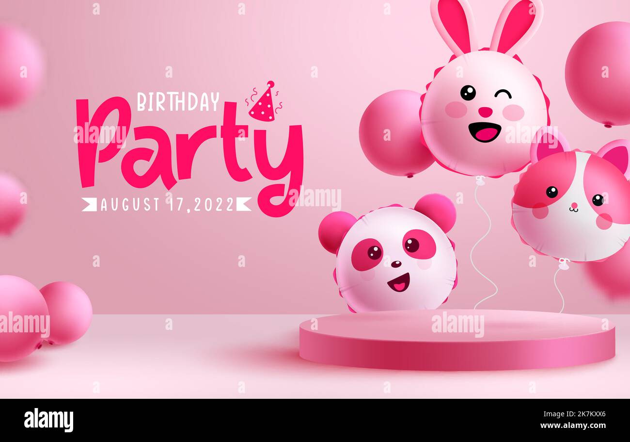 Disegno vettoriale testo festa di compleanno. Palloncini di carattere che galleggiano sul palco del podio per una presentazione di vacanza su sfondo rosa. Illustrazione vettoriale. Illustrazione Vettoriale