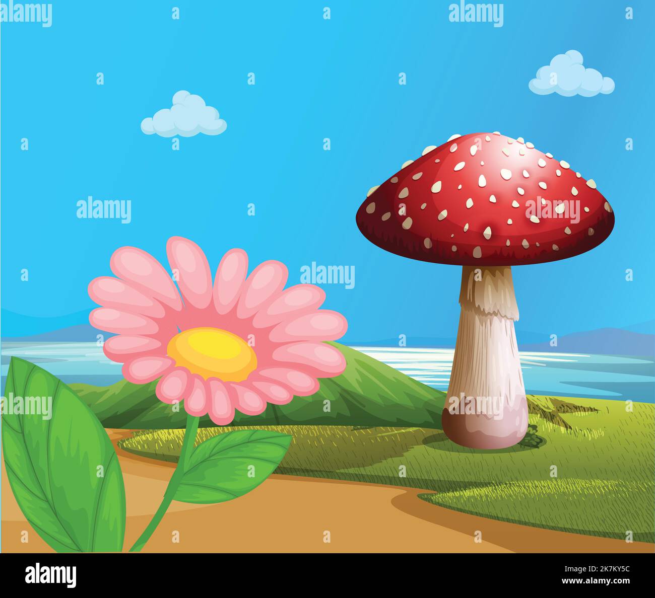 giardino incantato, foresta vicino al lato dell'oceano. funghi e fiori. Illustrazione Vettoriale