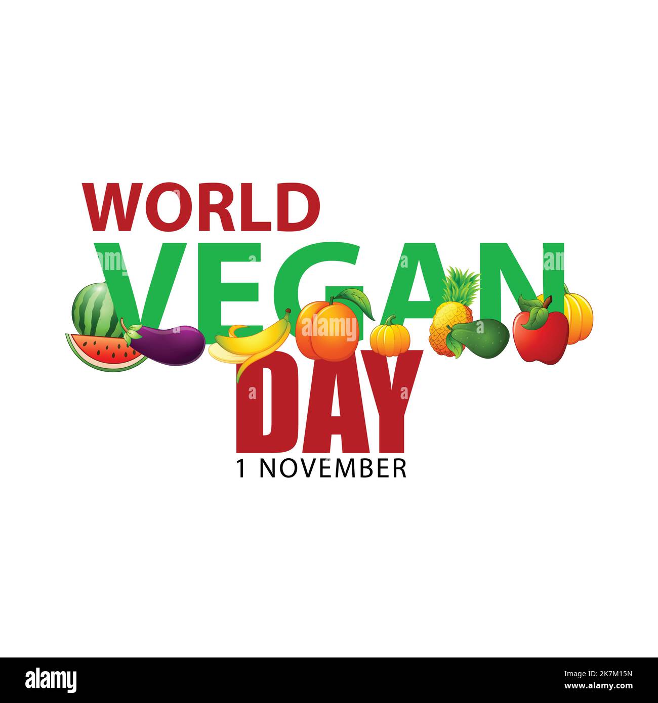Giornata vegana mondiale 1 novembre copertina tipografica creativa con diversi tipi di frutti vettore. Illustrazione Vettoriale