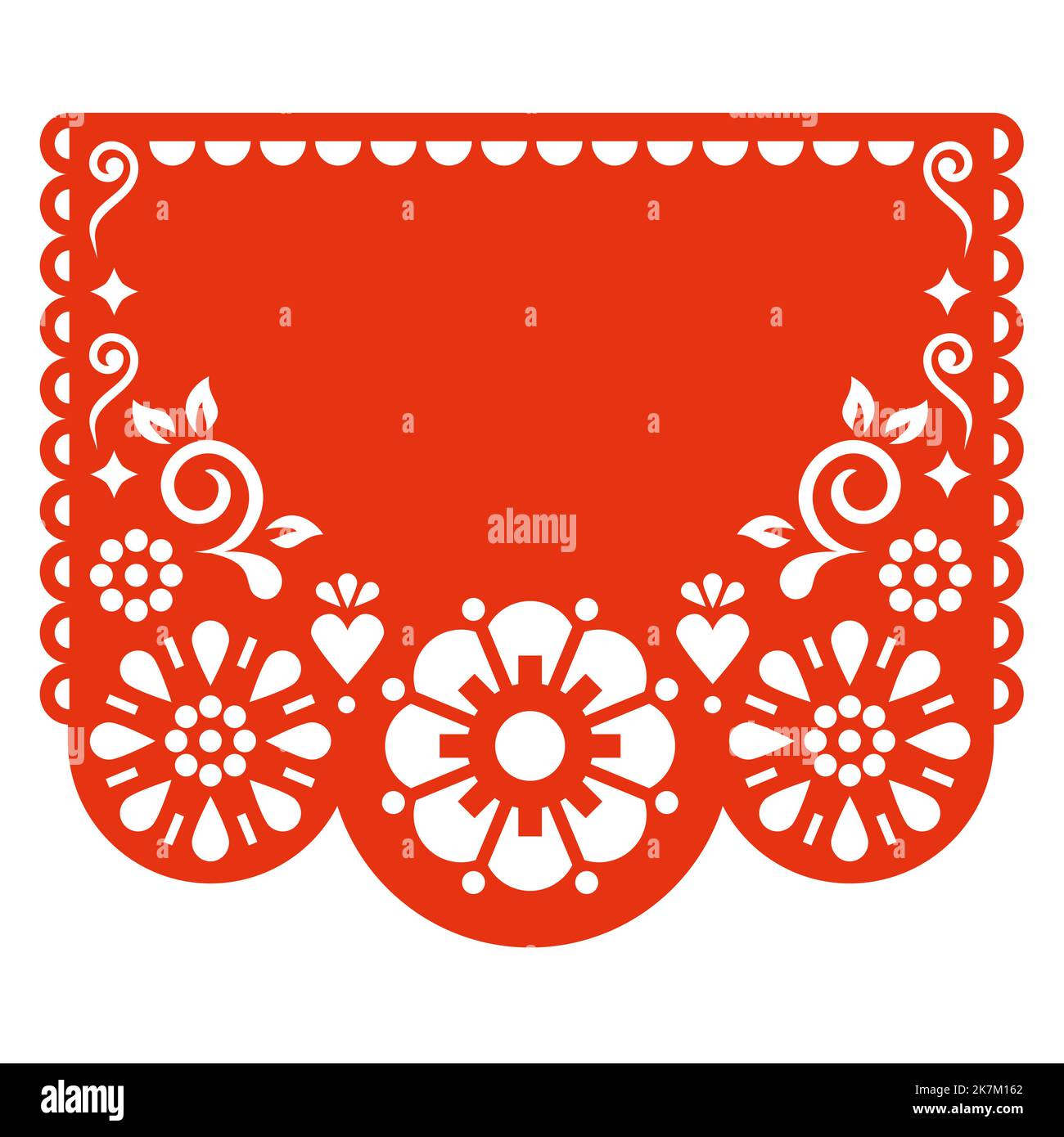 Modello vettoriale Papel Picado con fiori e spazio vuoto per il testo, decorazione di carta con ritaglio messicano in rosso su sfondo bianco Illustrazione Vettoriale