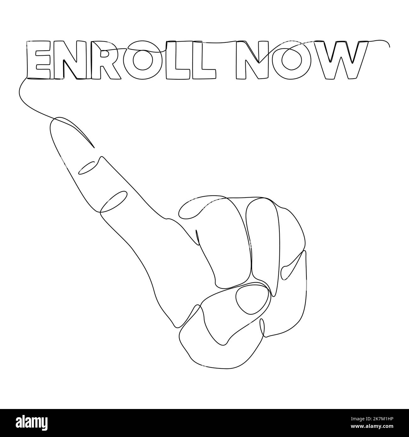 Una linea continua di indice puntando alla parola Enroll Now. Concetto di vettore di illustrazione a linea sottile. Disegno di contorno idee creative. Illustrazione Vettoriale