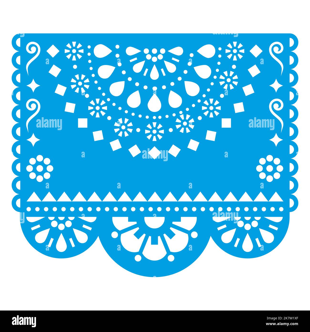 Disegno vettoriale Papel Picado con fiori geometrici di metà mandala e spazio vuoto per il testo, decorazione di garland di carta con intaglio messicano in blu sul retro bianco Illustrazione Vettoriale