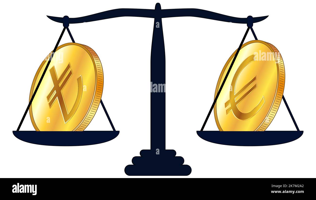 Moneta d'oro di Lira Turca TRY e Euro EUR su scale isolate su sfondo bianco. Leggi sui beni digitali CBDC. Elemento di disegno vettoriale. Illustrazione Vettoriale
