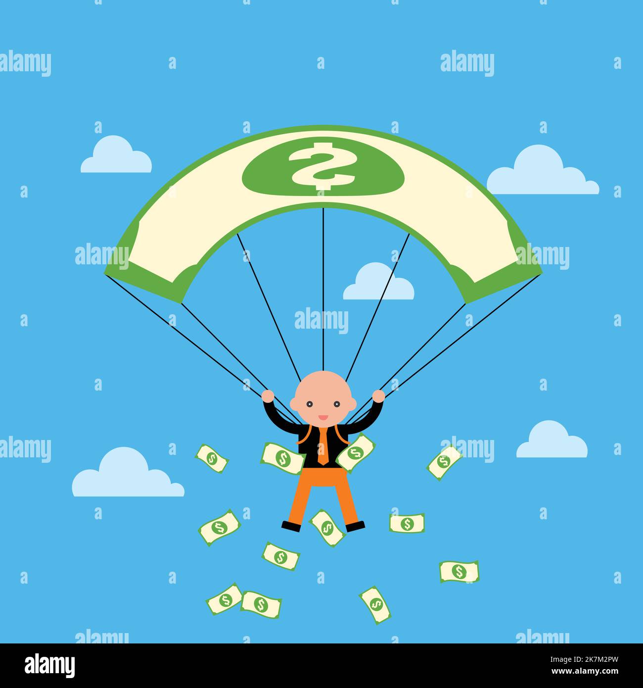 L'uomo che vola con il paracadute del dollaro e i soldi che cadono, volando dalla sua tasca, con cielo e nuvole vettore illustrazione Illustrazione Vettoriale
