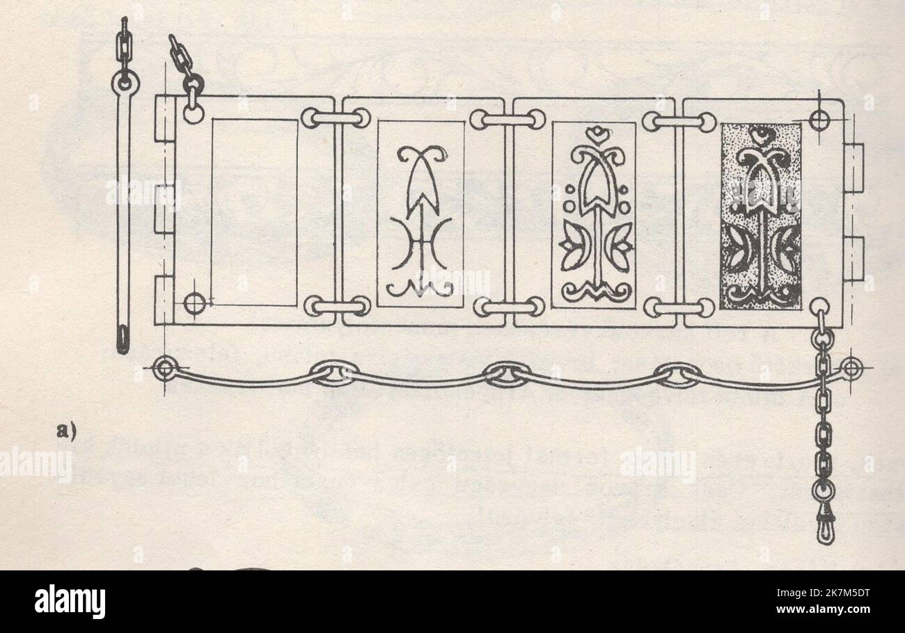 una collezione illustrata di tecniche, metodi e strumenti di incisione di un libro sconosciuto : illustrazione di gioielli : bracciale rettangolare sezionale / bracciale sezionale / bracciale segmento Foto Stock