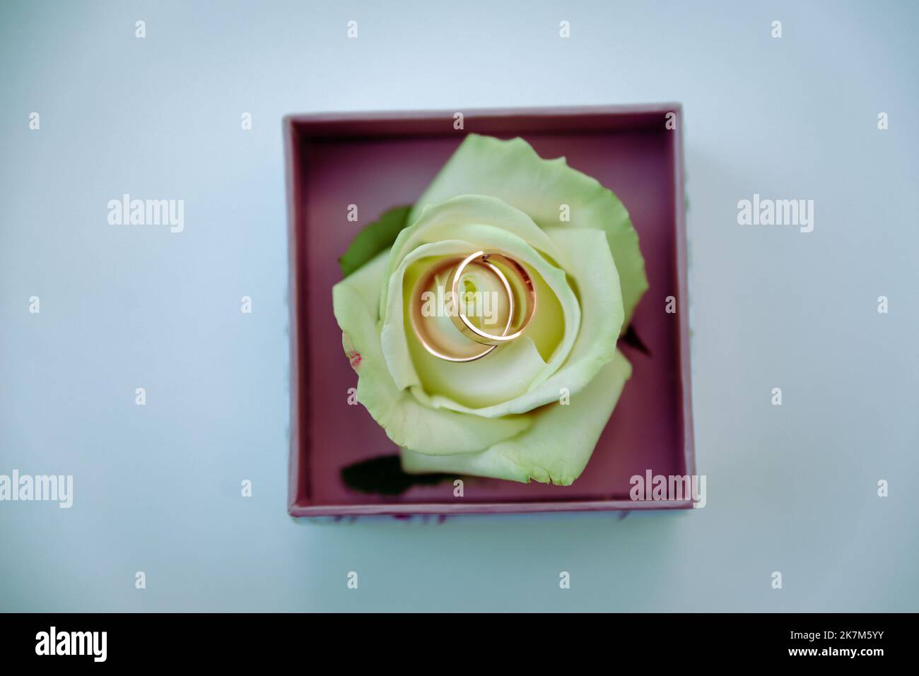 Due anelli per matrimoni sul pavimento con anelli per matrimoni a contrasto sul pavimento, sul piano terra, al pianoforte, a portata di mano Foto Stock