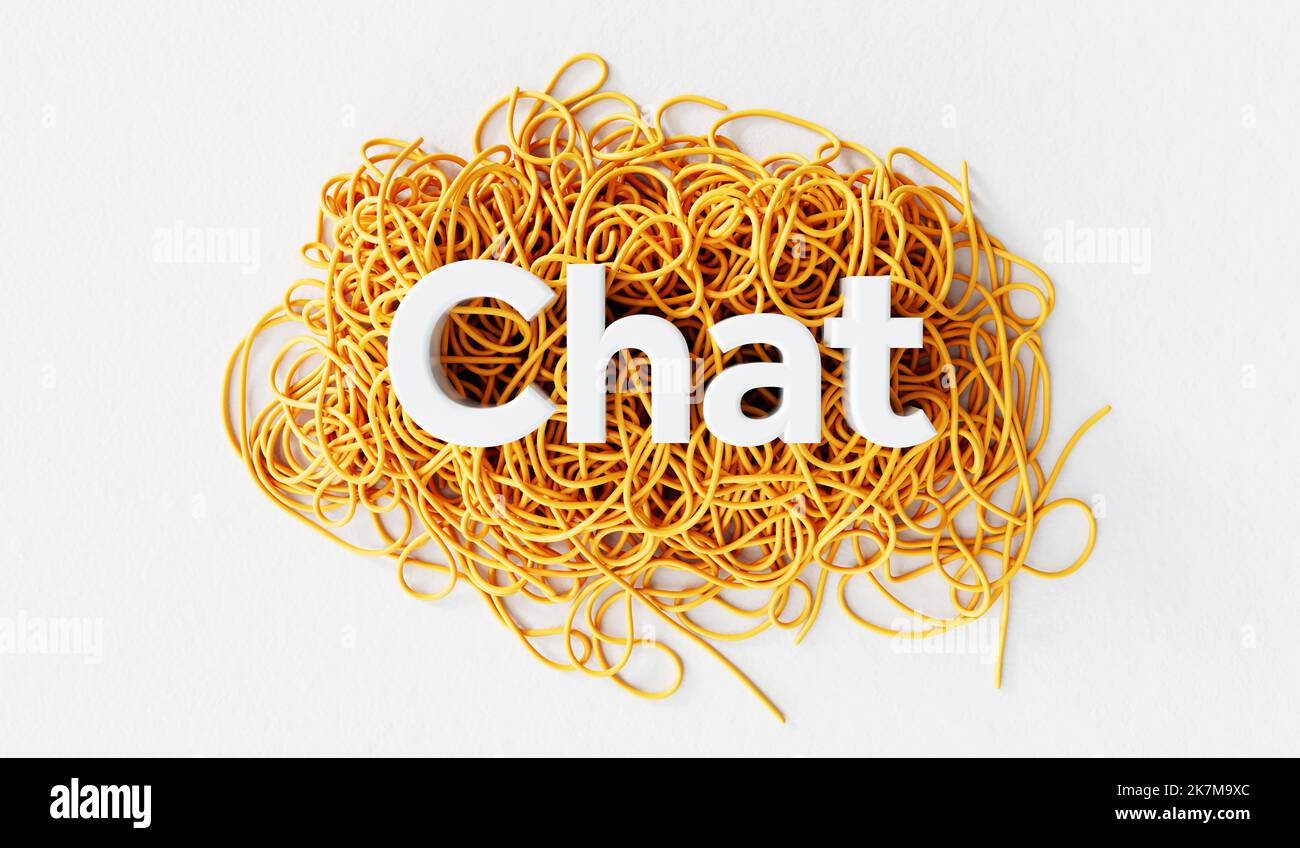 Parola di chat su un mucchio aggrovigliato di stringa. concetto di salute mentale e di risoluzione dei problemi. Rendering 3D Foto Stock