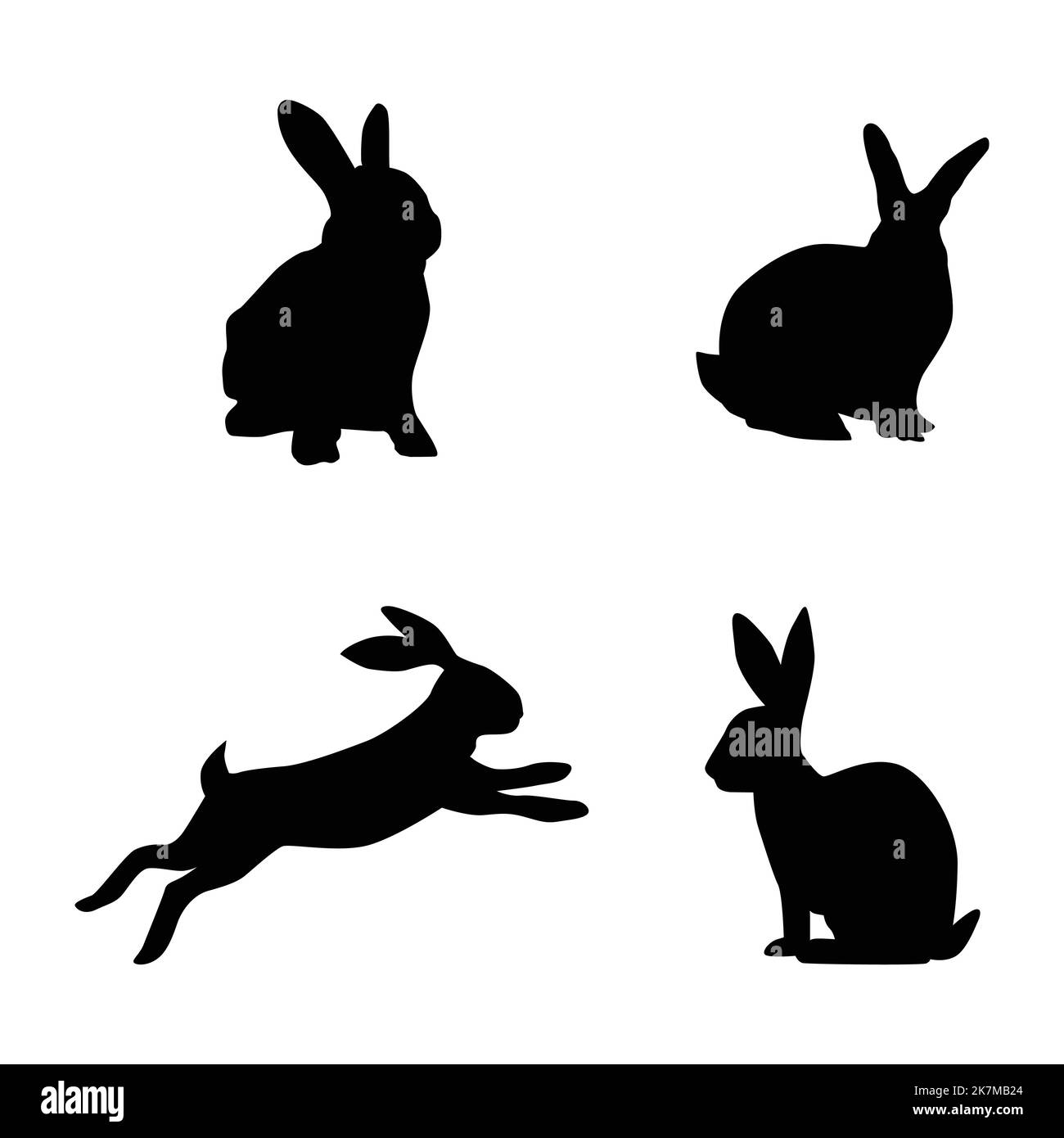 Silhouette di conigli isolati su uno sfondo bianco. Set di diverse silhouette di coniglietti pasquali per il design. Illustrazione Vettoriale