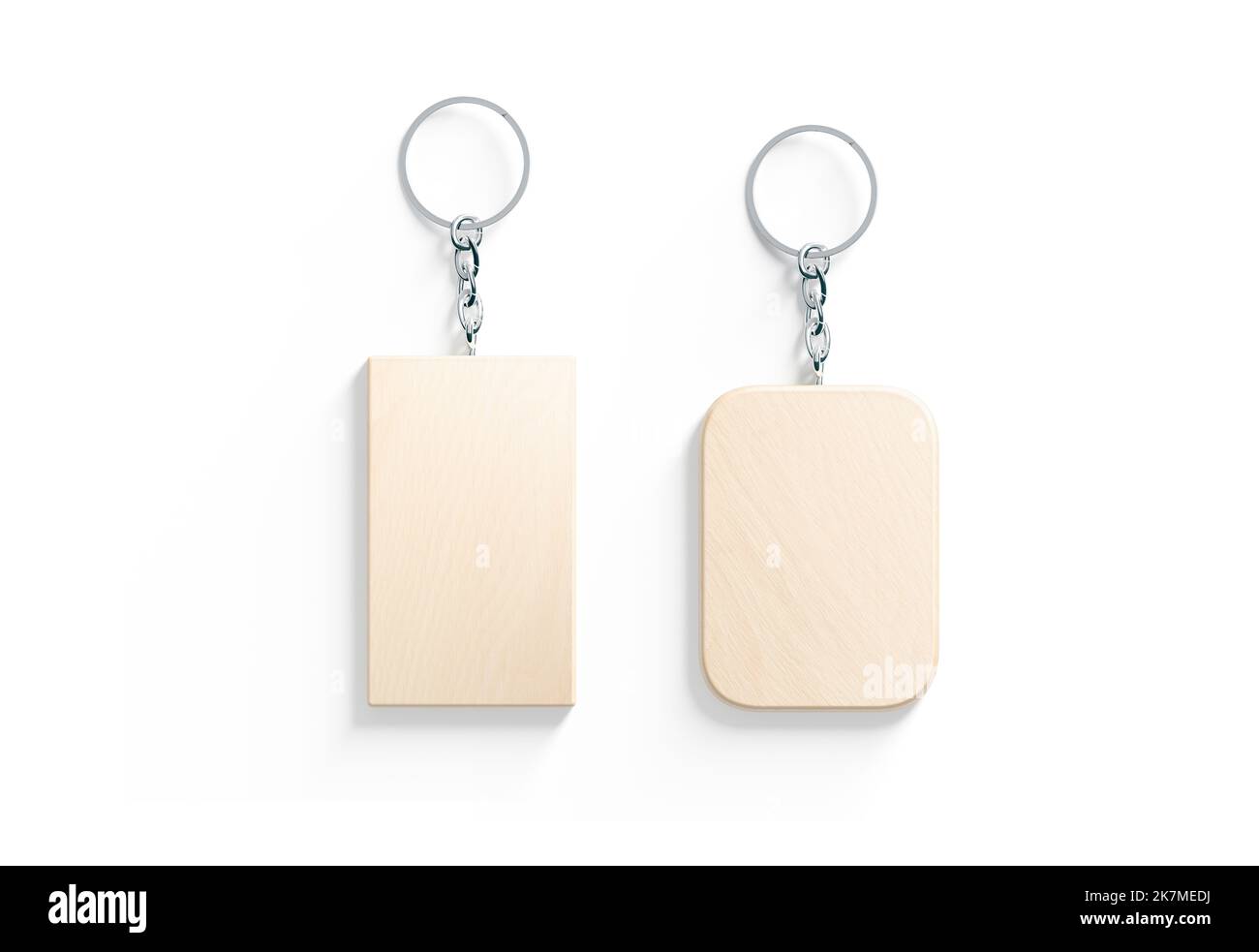 Tag rettangolare in legno vuoto su mockup a catena, vista dall'alto, rendering 3D. Bibelot rettangolo vuoto con angoli arrotondati per l'incisione mock up, isolato. Clea Foto Stock