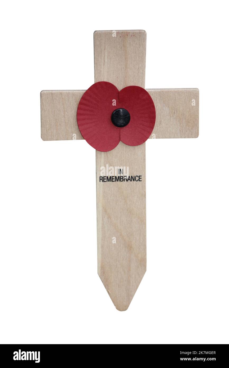 Un giorno di ricordo Poppy su una croce di legno. Foto Stock