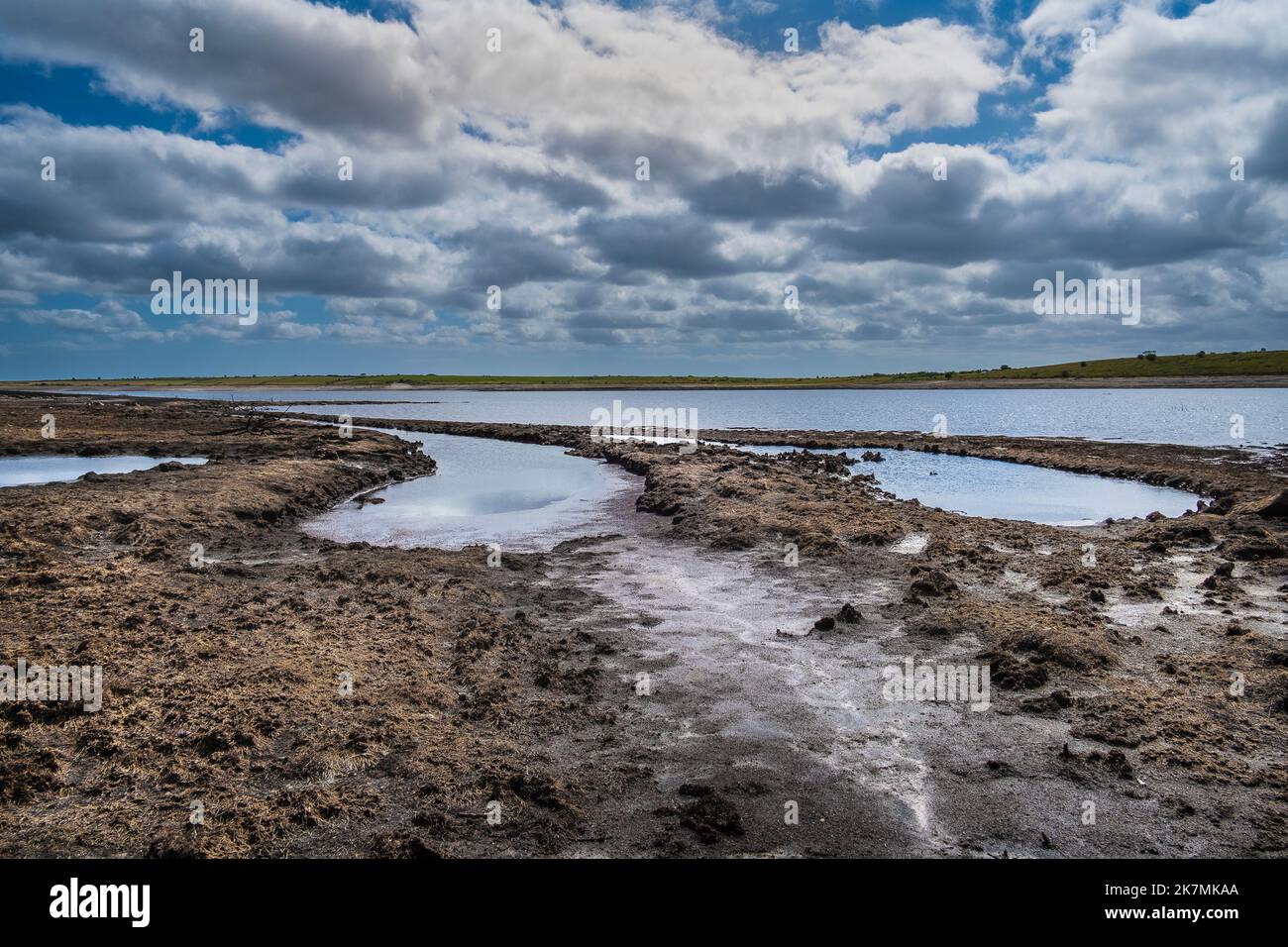 Il litorale in discesa e la terra arroccata sono causati dalla caduta dei livelli dell'acqua causata da condizioni di siccità gravi al lago Colliford Reservoir a Bodmin Moor in Foto Stock
