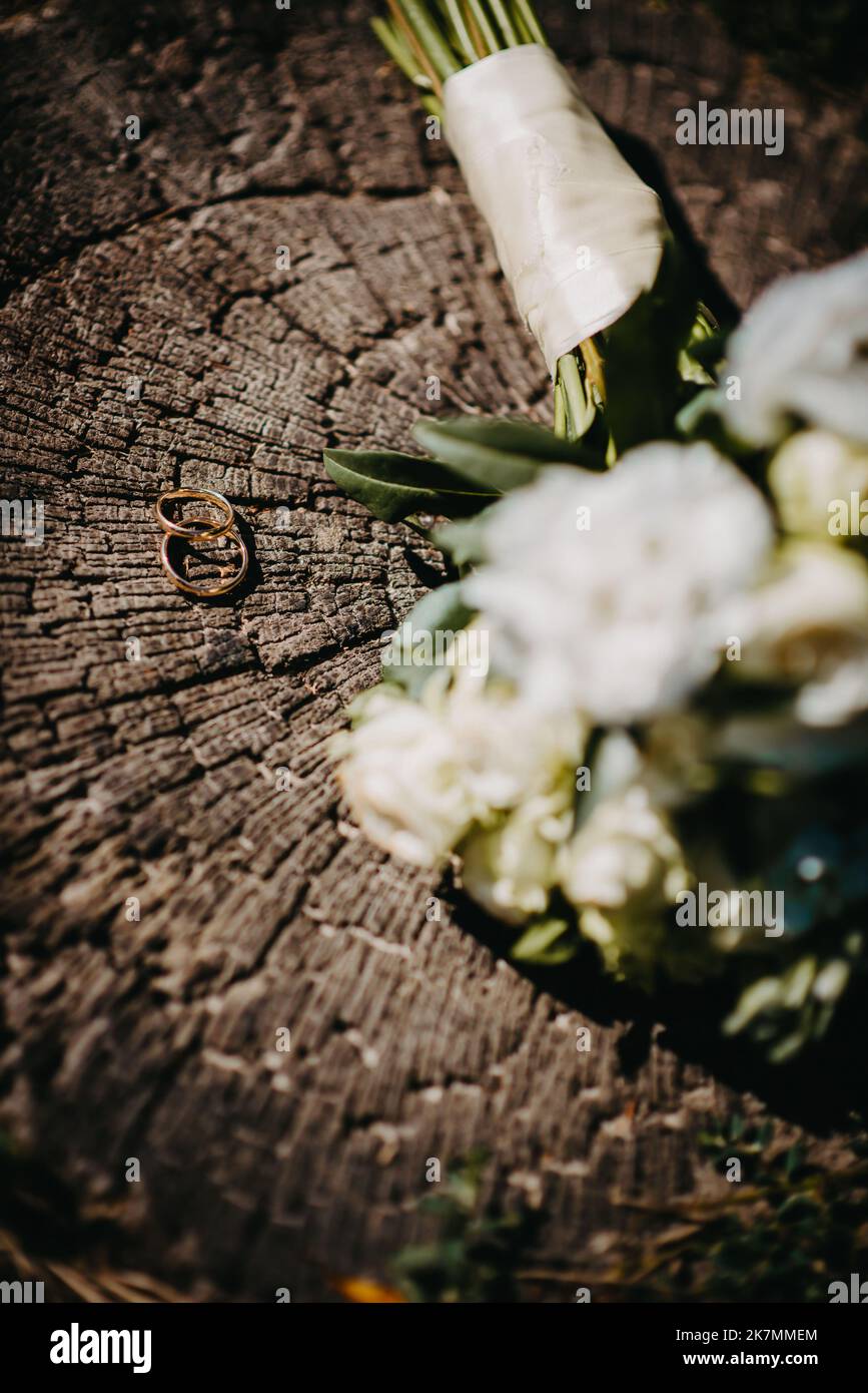 Due anelli per matrimoni sul pavimento con anelli per matrimoni a contrasto sul pavimento, sul piano terra, al pianoforte, a portata di mano Foto Stock