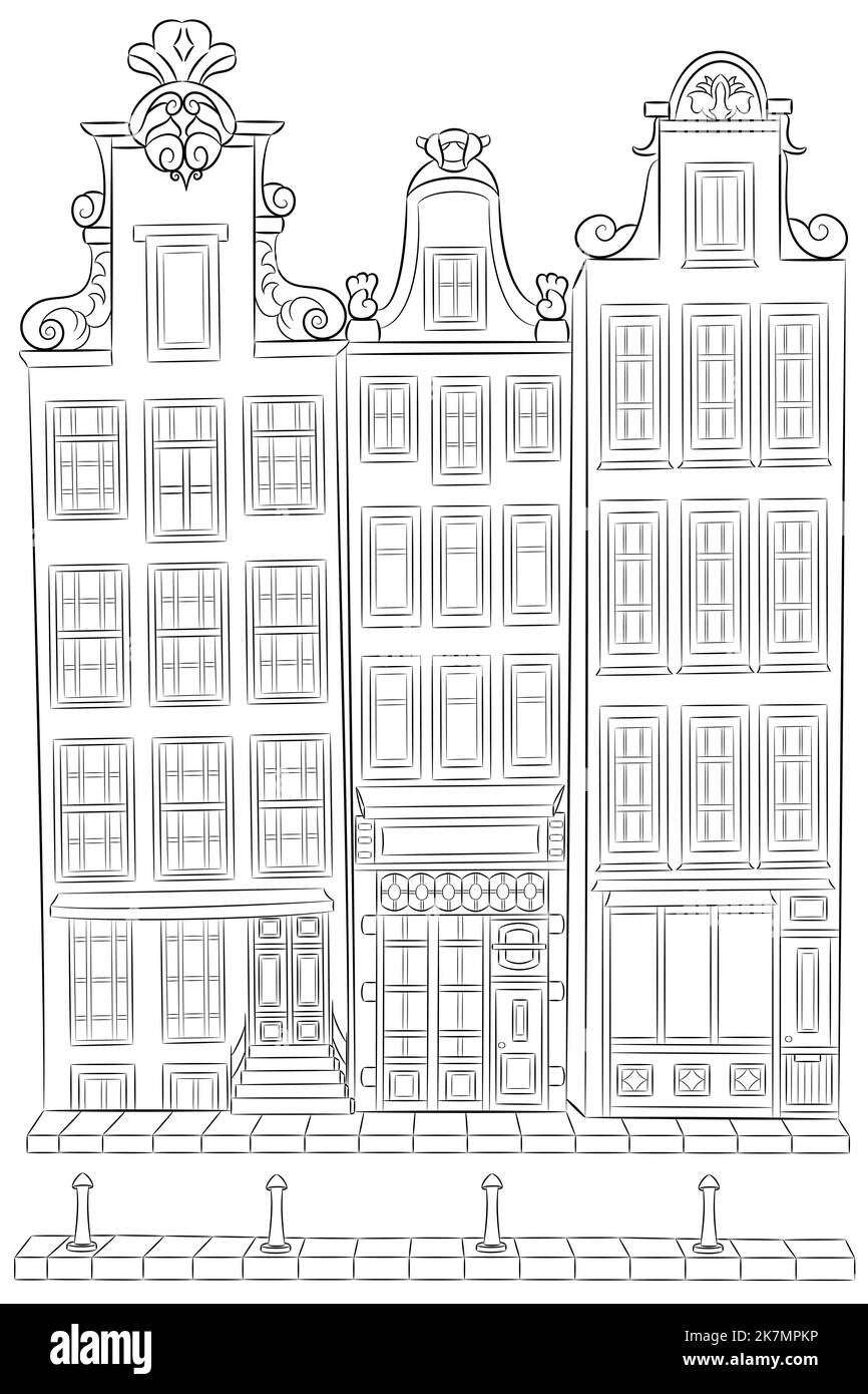 Disegno bianco e nero di case tradizionali sul lungomare. Amsterdam. Paesi Bassi. Illustrazione vettoriale. Illustrazione Vettoriale