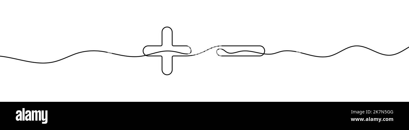 Disegno lineare continuo dei segni più e meno. Segni più e meno. Sfondo astratto disegnato con una linea. Illustrazione vettoriale. Illustrazione Vettoriale