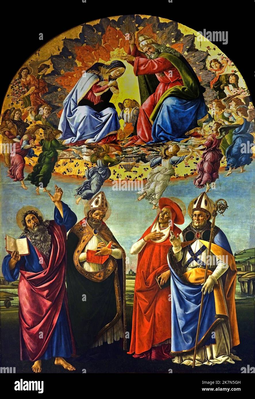 Il San Marco Ancona Piazza San Marco o Incoronazione della Vergine con i giganti Giovanni Evangelista, Agostino, Girolamo e Eligio (in italiano: la Pala di San Marco o Incoronazione della Vergine con giganti Giovanni Evangelista, Agostino, Girolamo ed Eligio) è una pittura religiosa di Sandro Botticelli ( Alessandro di Mariano Filipepi ) 1445-1510 Firenze pittore italiano di scuola fiorentina del primo Rinascimento. Italia Foto Stock