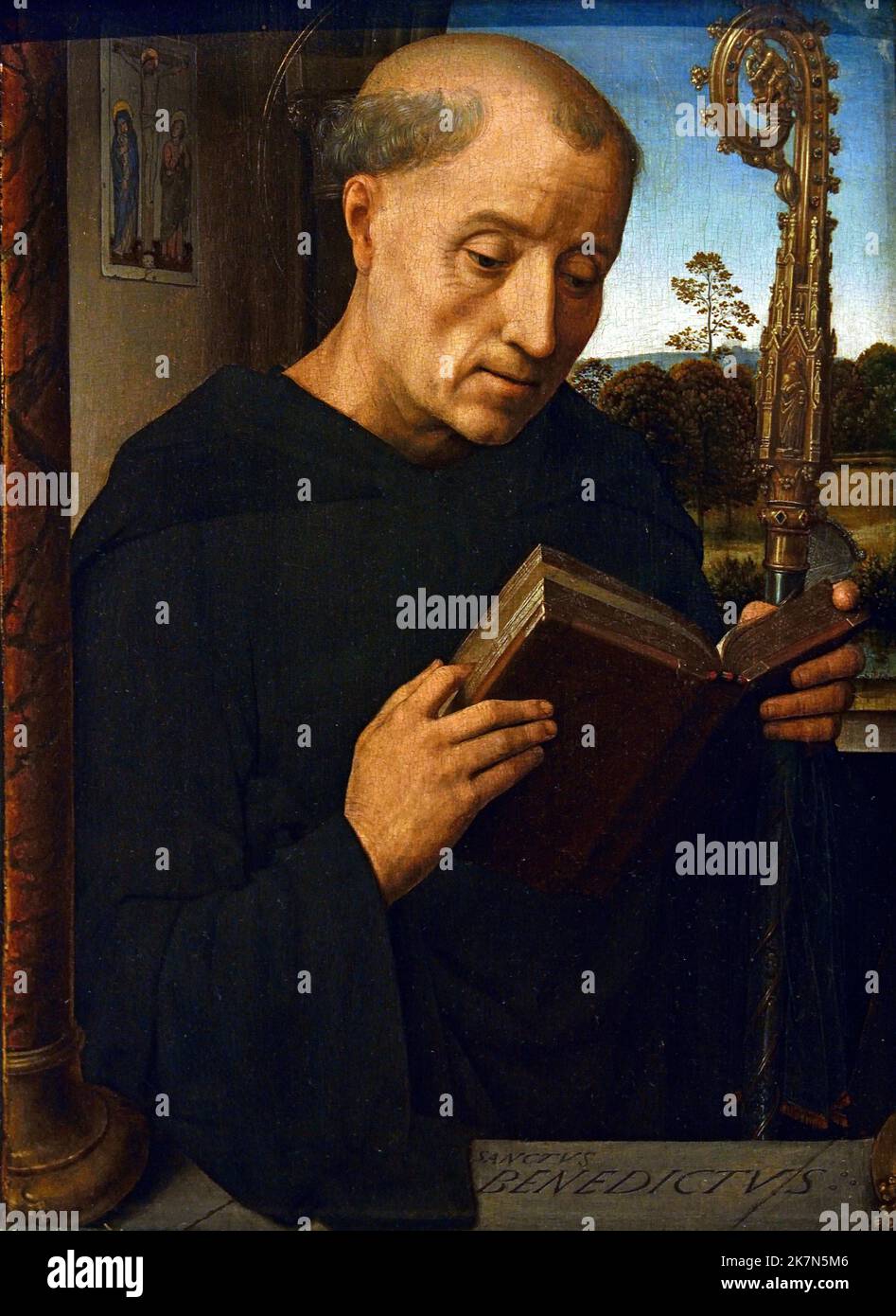 San Benedetto 1487 Hans Memling (Memlinc ) 1430–1494 pittore tedesco che si trasferì nelle Fiandre e lavorò nella tradizione della prima pittura olandese. Hans Memling (c. 1430–1494) è stato un pittore fiammingo della prima tradizione fiamminga, noto per le sue opere religiose e per i ritratti rivoluzionari della classe mercantile emergente, che ha portato la sua reputazione internazionale e influenza in Italia. Fu un artista di successo che fu tra i cittadini più ricchi della città di Bruges alla sua morte Foto Stock