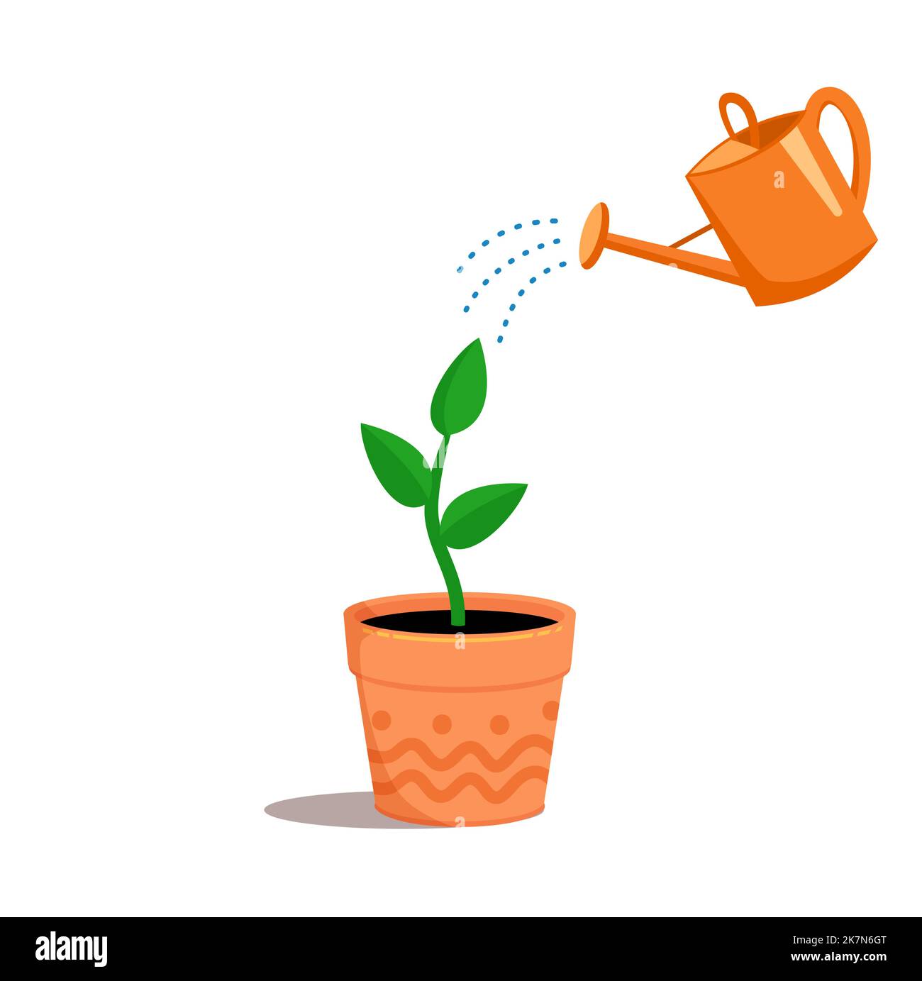 giardino annaffiatura lattina e acqua un germoglio di fiori. Concetto di crescita di pianta. Cartoon con illustrazione vettoriale. stile piatto isolato. Illustrazione Vettoriale