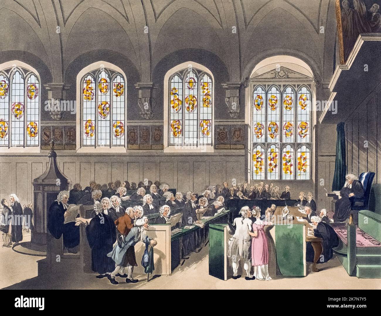 Court of Chancery, Lincoln's Inn Hall. Circa 1808. Dopo un lavoro di August Pugin e Thomas Rowlandson nel microcosmo di Londra, pubblicato in tre volumi tra il 1808 e il 1810 da Rudolph Ackermann. Pugin era l'artista responsabile degli elementi architettonici nelle immagini del microcosmo; Thomas Rowlandson fu assunto per aggiungere le figure umane vivaci. Foto Stock
