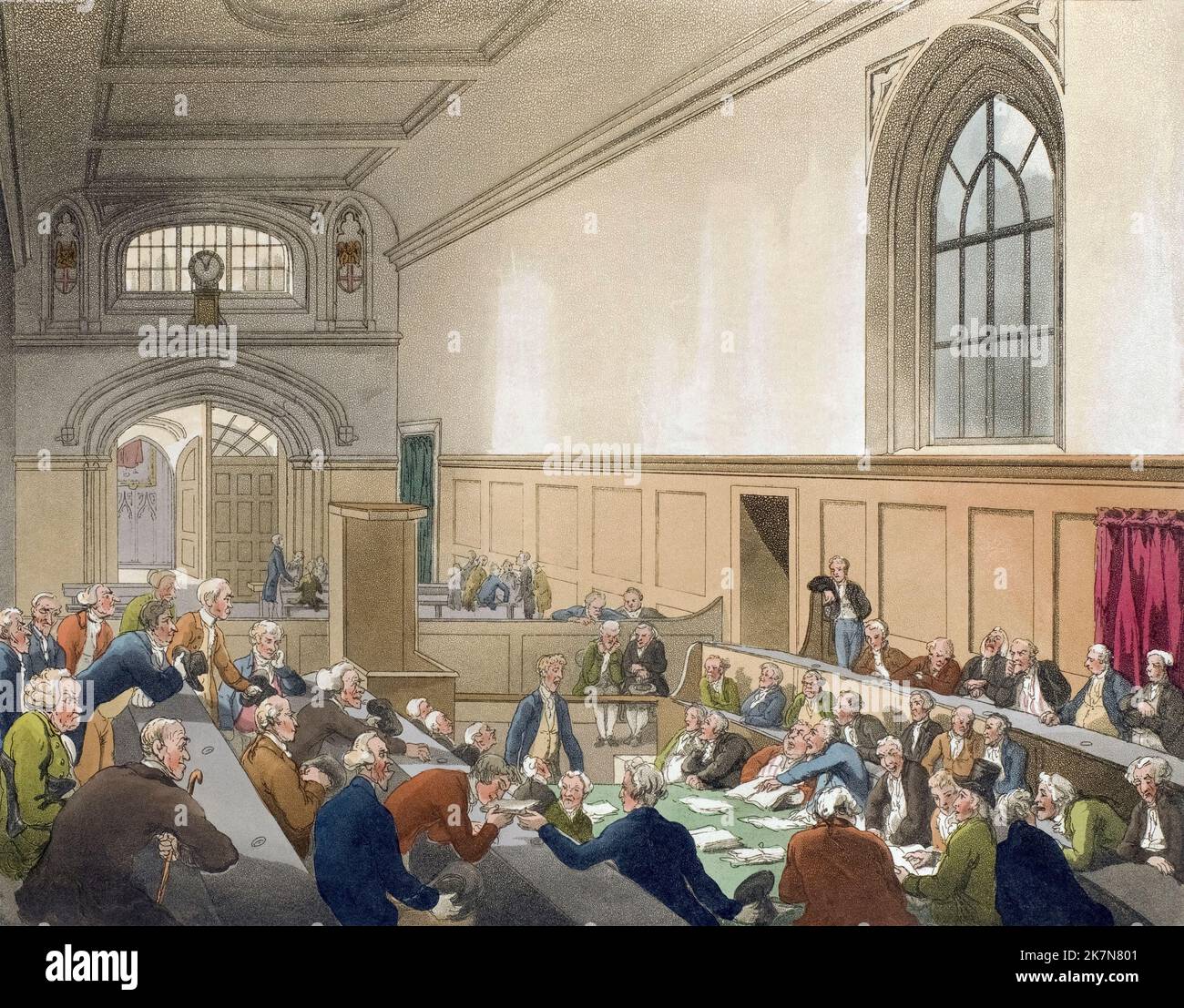 Guildhall. Esame di un fallimento prima dei suoi creditori. Panca della Corte dei Re. Circa 1808. Dopo un lavoro di August Pugin e Thomas Rowlandson nel microcosmo di Londra, pubblicato in tre volumi tra il 1808 e il 1810 da Rudolph Ackermann. Pugin era l'artista responsabile degli elementi architettonici nelle immagini del microcosmo; Thomas Rowlandson fu assunto per aggiungere le figure umane vivaci. Foto Stock