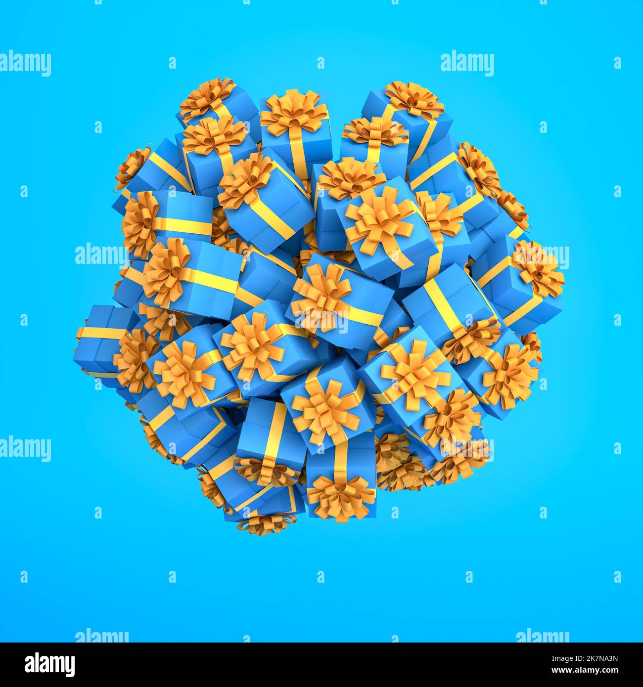 Un sacco di scatole blu regalo con nastro giallo dorato e arco raggruppati a una palla o pianeta che si sovrappone su uno sfondo blu. Concetto di abbondanza. Foto Stock