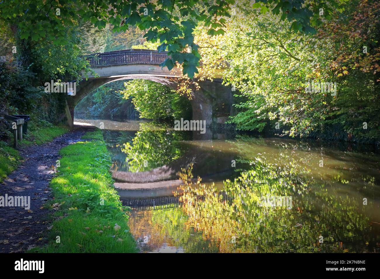 Bridgewater Canal e Towpath a Grappenhall Bridge, Grappenhall Village, South Warrington, Cheshire, Inghilterra, REGNO UNITO Foto Stock