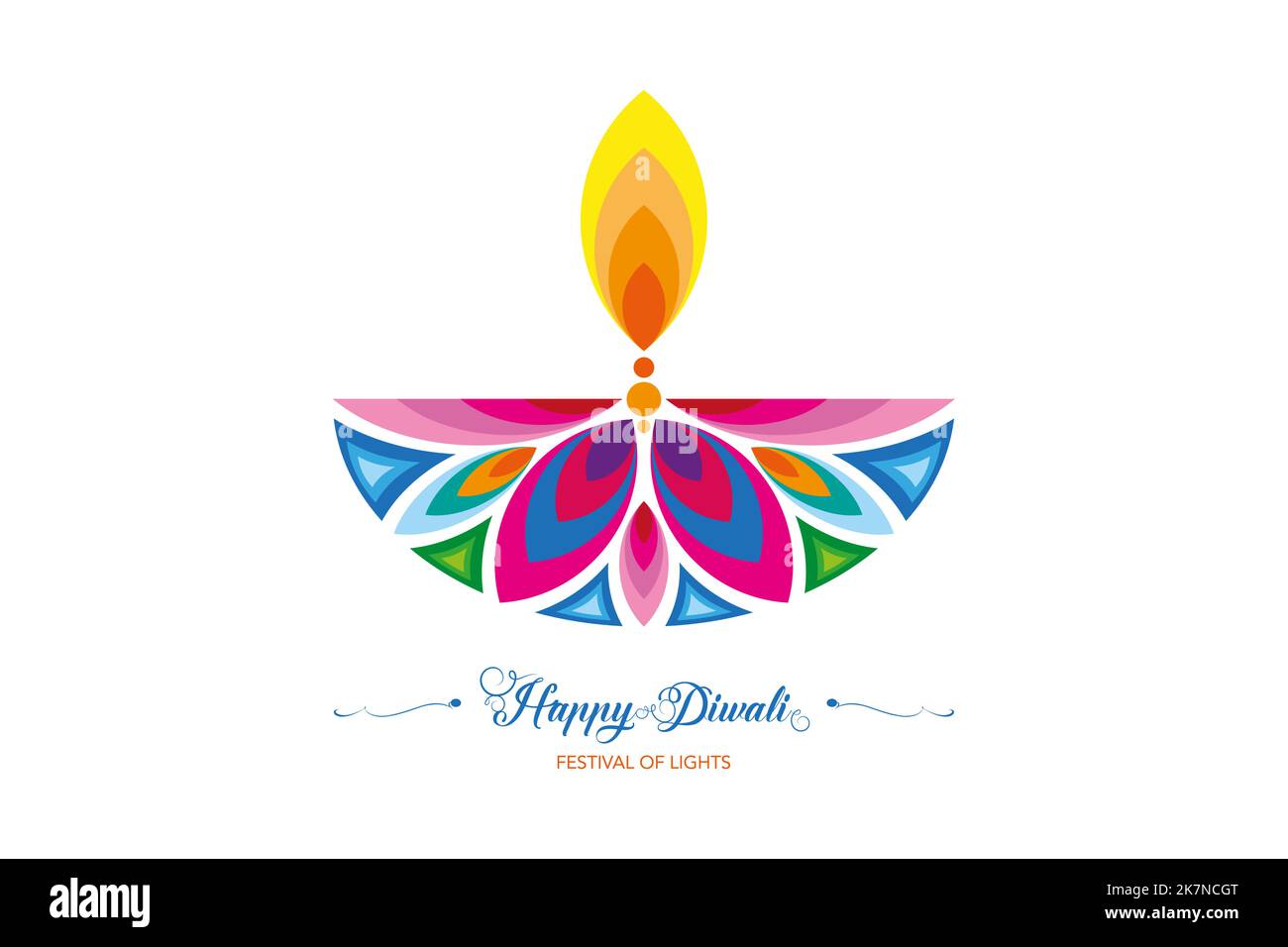 Felice Diwali Festival delle luci India Celebration modello colorato logo. Grafica banner design di fiore indiano Diya Oil Lamp, Design moderno Illustrazione Vettoriale