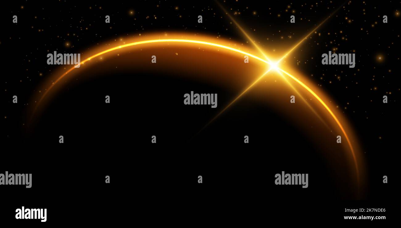 Il bordo di un'eclisse solare dorata su uno sfondo nero. Eclissi d'oro per la pubblicità dei prodotti, fenomeni naturali, concetto di orrore e altri. Illustrazione Vettoriale