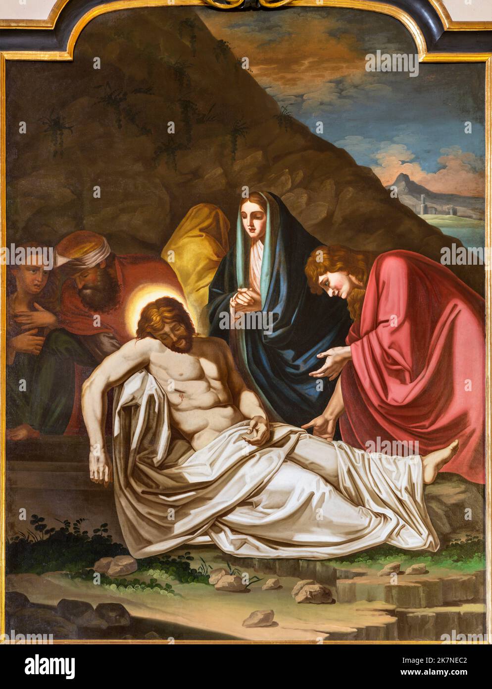 AOSTA, ITALIA - 14 LUGLIO 2018: Il dipinto di sepoltura di Gesù nella chiesa Cattedrale di Santa Maria Assunta dal 19. cent. Foto Stock