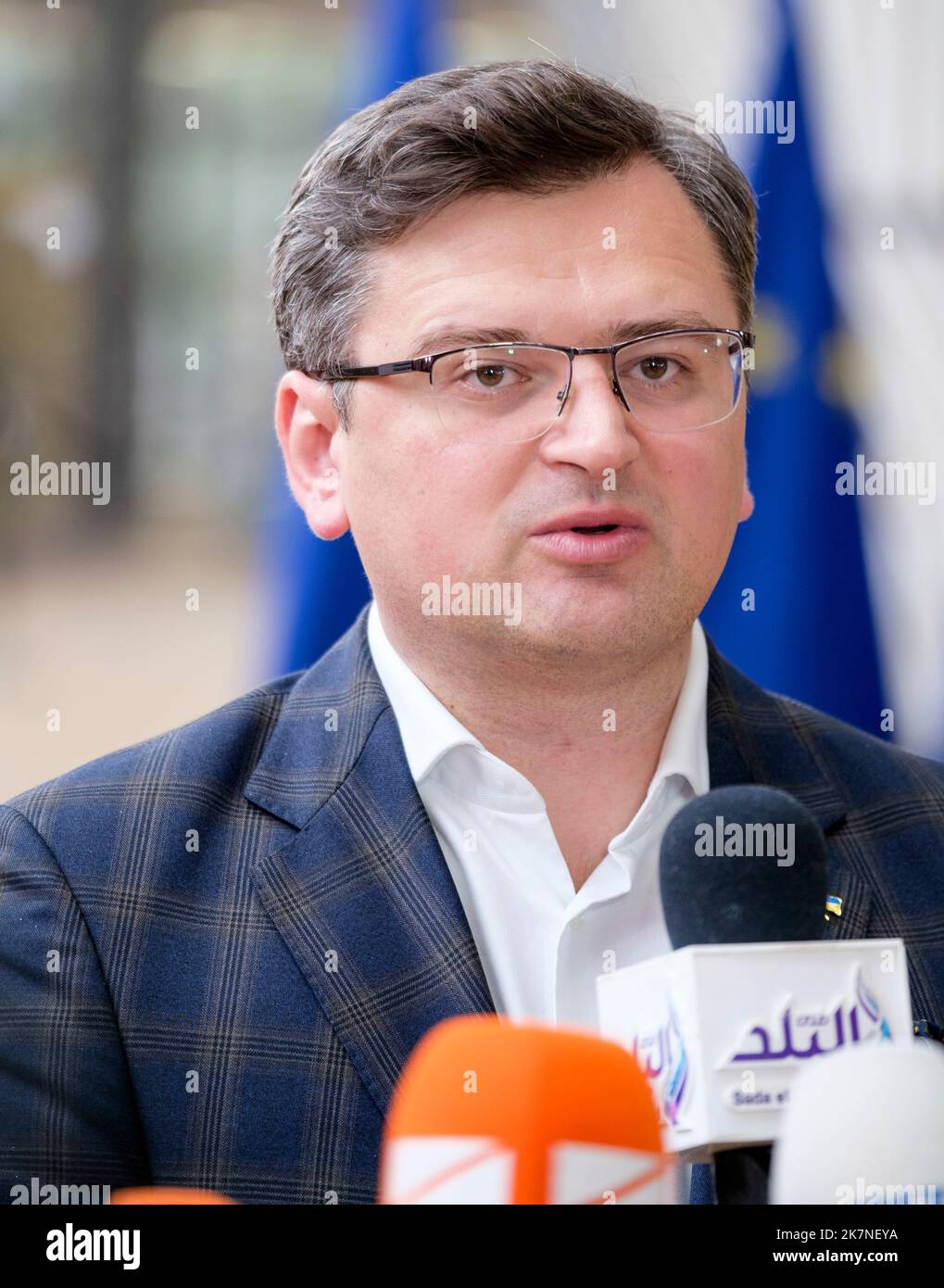 Belgio, Bruxelles, il 16 maggio 2022: Dmytro Ivanovytch Kouleba, ministro degli Affari esteri, alla riunione sulla guerra in Ucraina e le relazioni Foto Stock