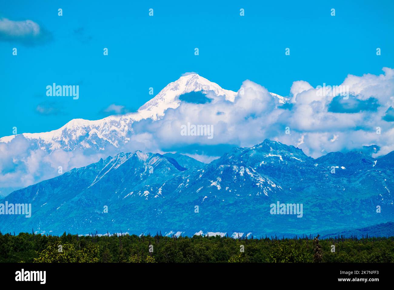 Guarda a nord della catena montuosa dell'Alaska e del monte Denali (Mt. McKinley) da "Denali Viewpoint South" al Mile 135 George Parks Highway 3, Alaska, USA Foto Stock