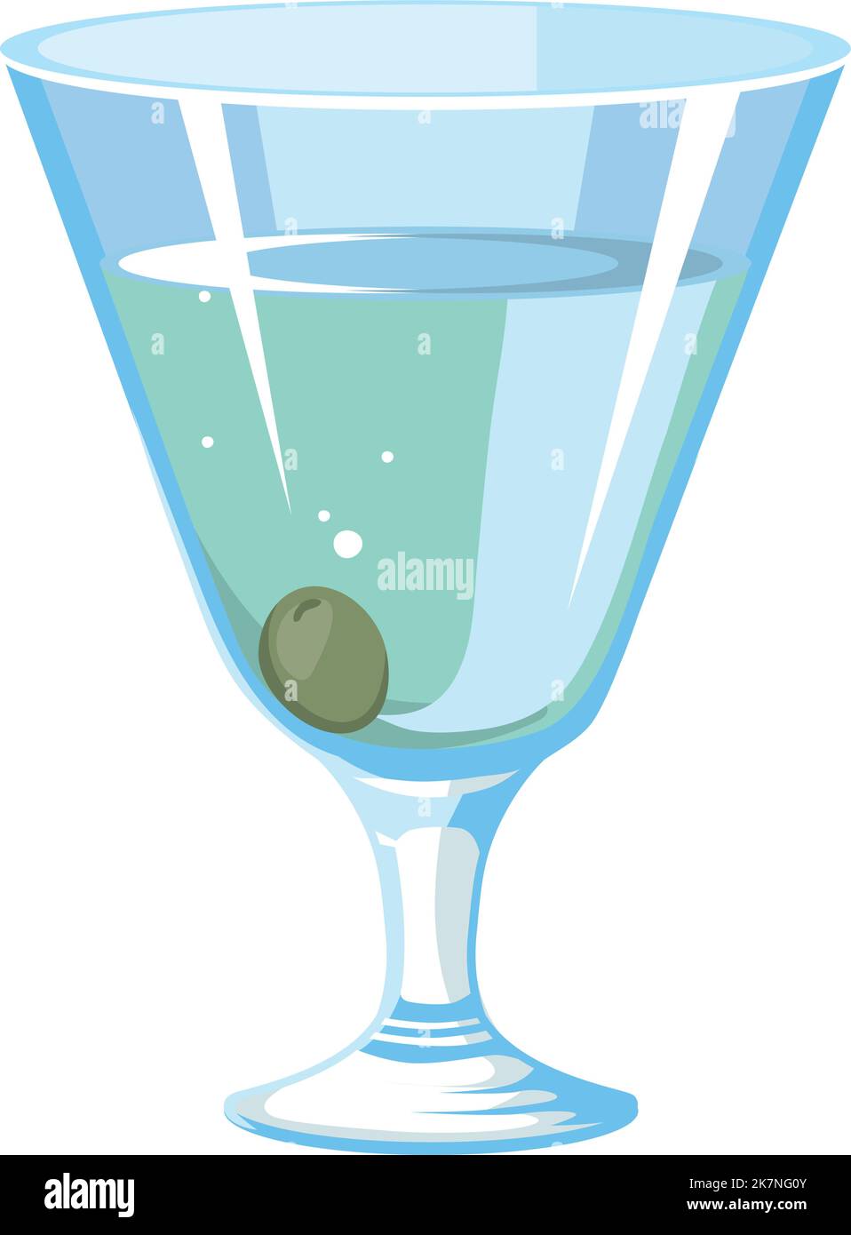 Bicchiere Martini. Bevanda di coda di cocco con oliva. Icona di alcool di cartone animato Illustrazione Vettoriale