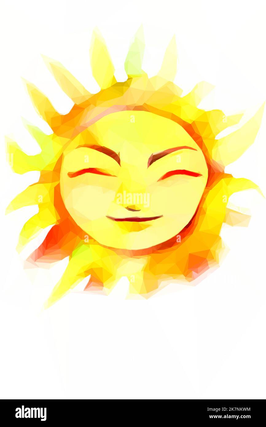 Sole sorridente su uno sfondo bianco. Illustrazione acquerello. Vettore in bassa poli art. Illustrazione Vettoriale