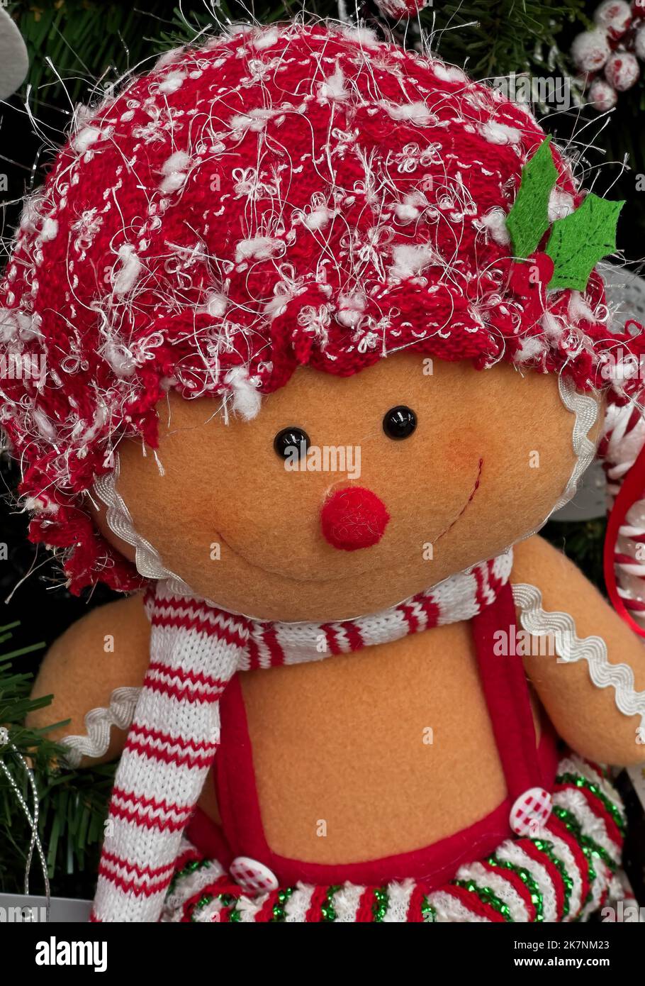 Primo piano di un uomo di pan di zenzero che indossa un cofano di Natale Foto Stock