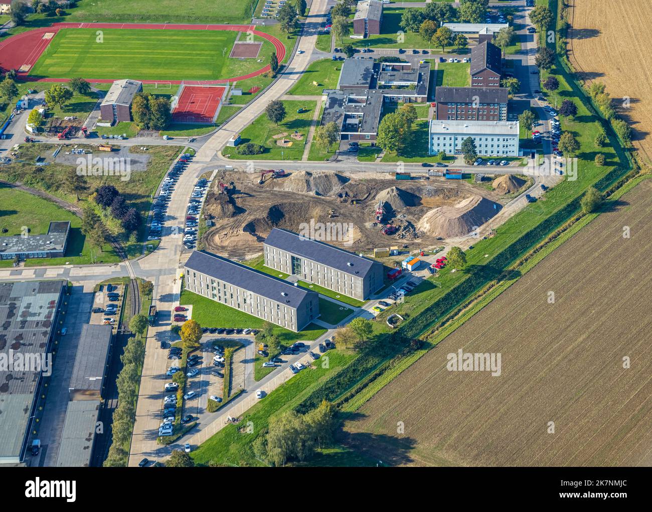 Vista aerea, caserma di Glückauf con cantiere, Königsborn, Unna, zona della Ruhr, Renania settentrionale-Vestfalia, Germania, lavori di costruzione, zona di costruzione, Foto Stock